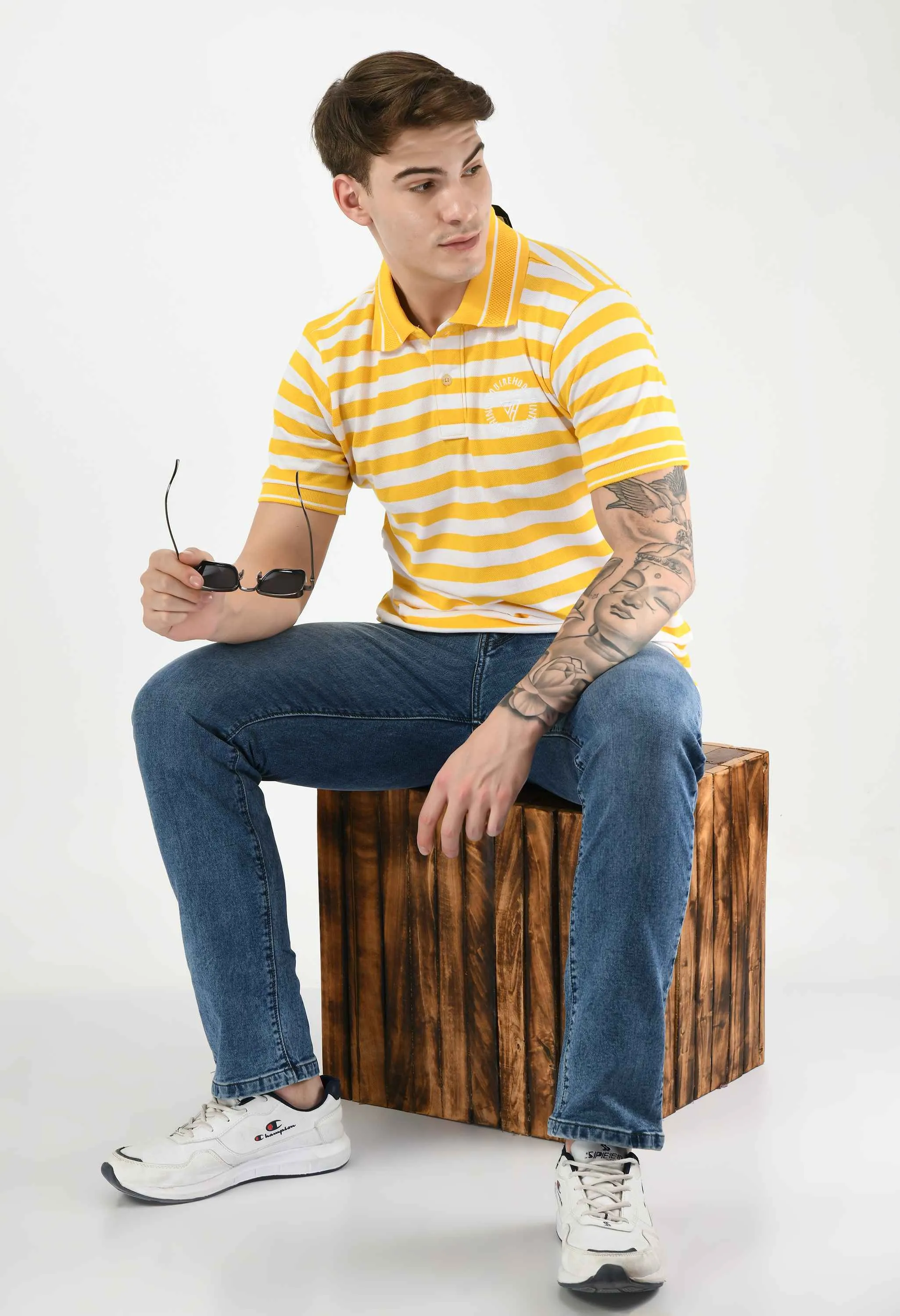 Men's Striped Yellow White Polo T-Shirt