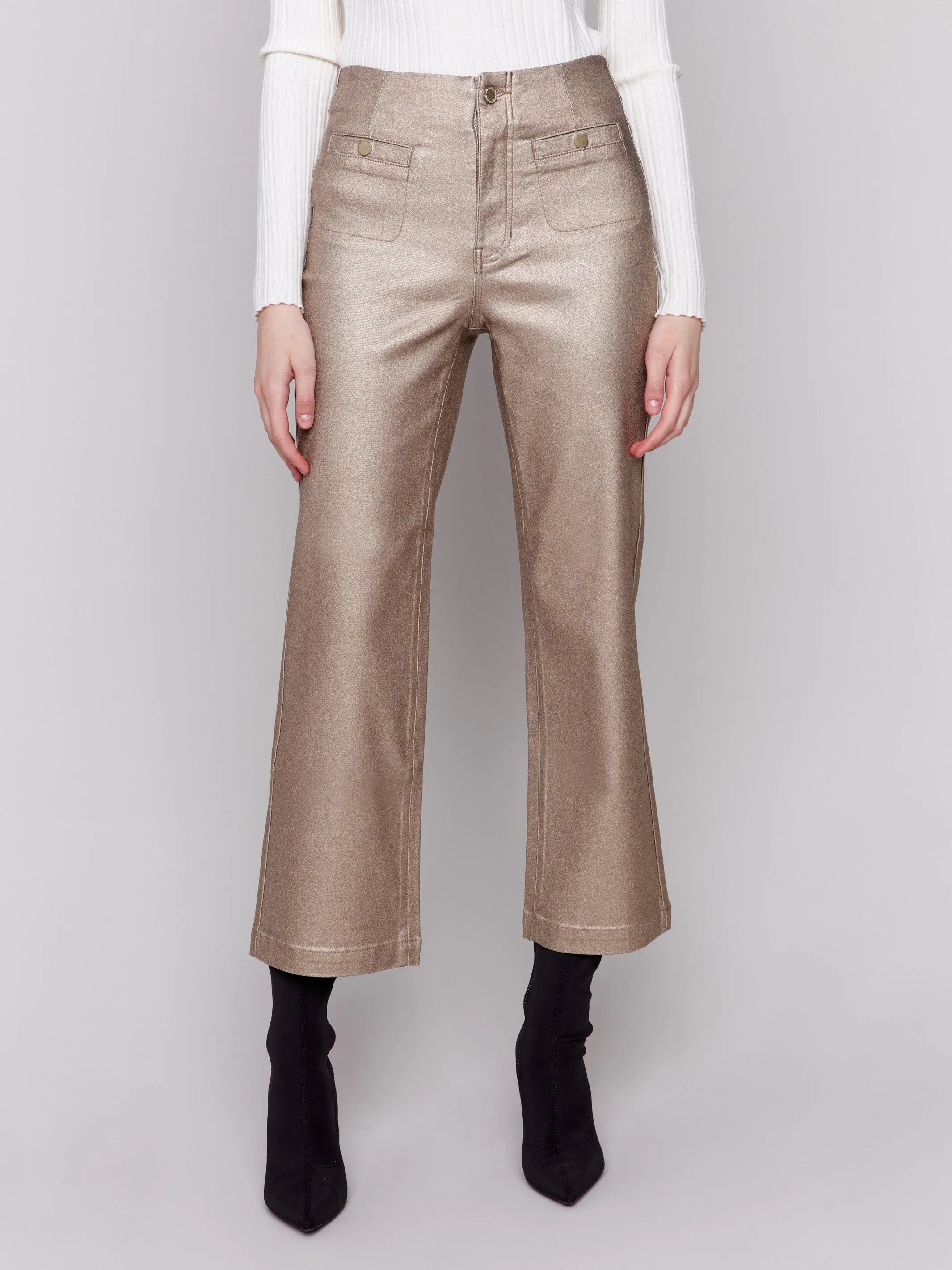 Metallic Wax Flared Pants - Bronze