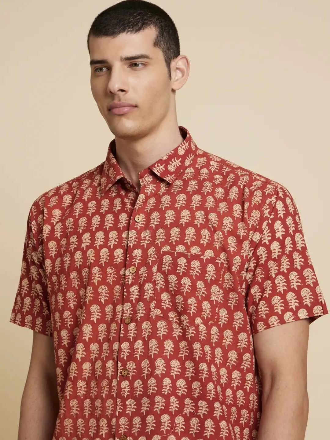 Natural Dye Red Floral Handblock Printed Cotton Shirt