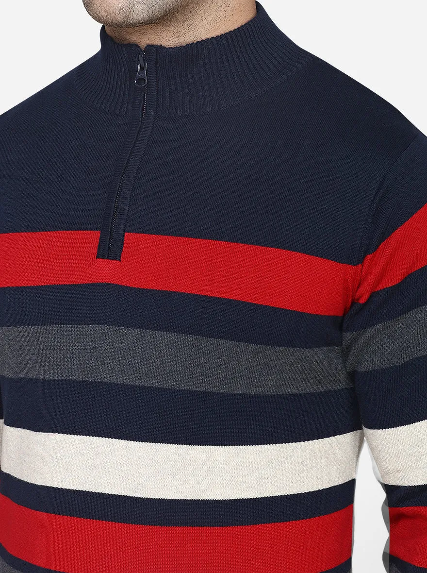 Navy Blue & Red Striped Slim Fit T-Shirt | JadeBlue