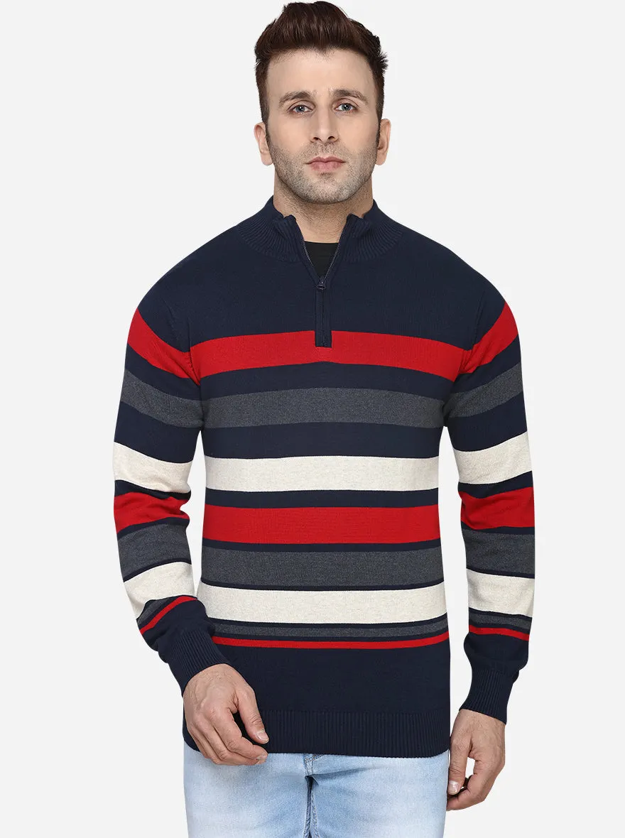 Navy Blue & Red Striped Slim Fit T-Shirt | JadeBlue