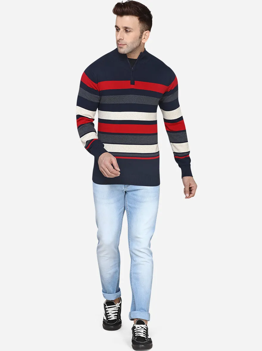 Navy Blue & Red Striped Slim Fit T-Shirt | JadeBlue