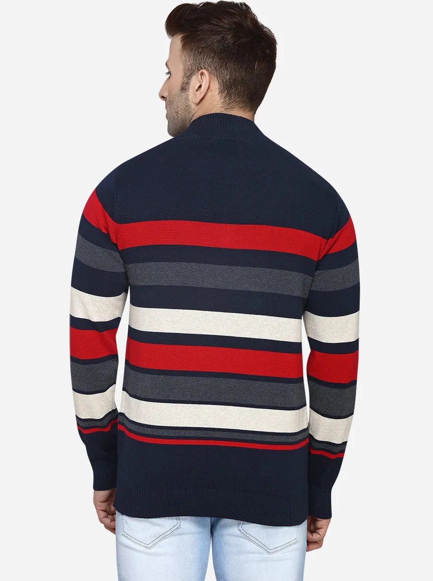 Navy Blue & Red Striped Slim Fit T-Shirt | JadeBlue