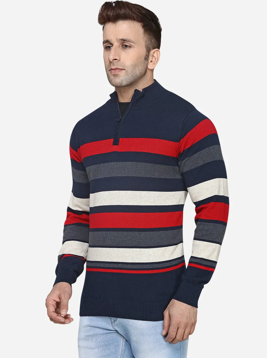 Navy Blue & Red Striped Slim Fit T-Shirt | JadeBlue