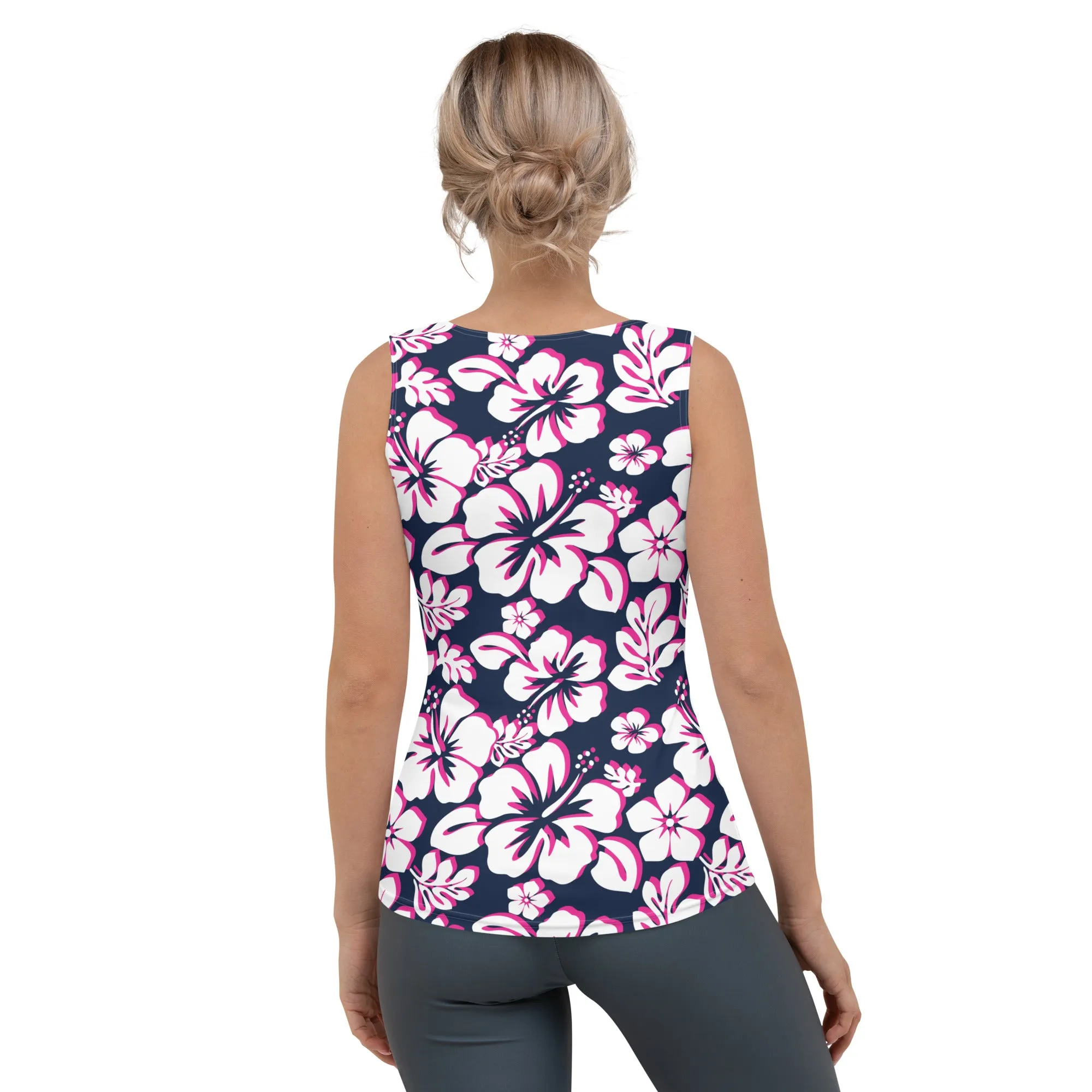 Navy Blue, Hot Pink and White Hawaiian Flowers Women's Athletic Swim Tank Top