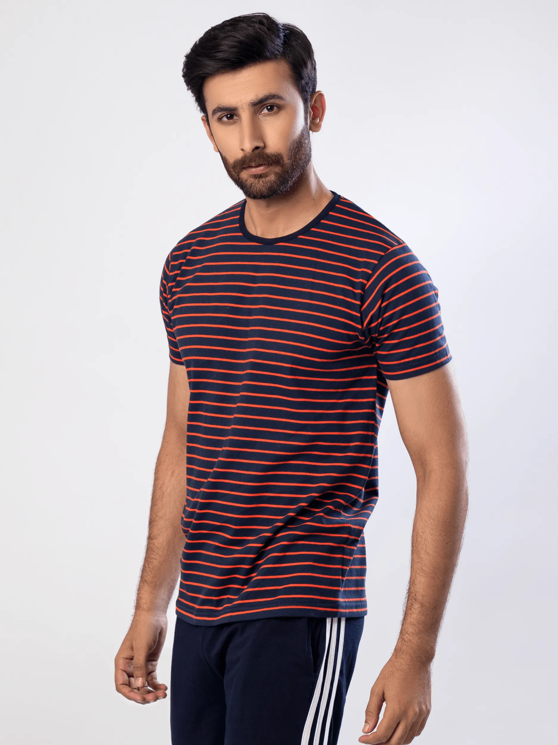 Navy with Orange Stripes Short Sleeve T-Shirt