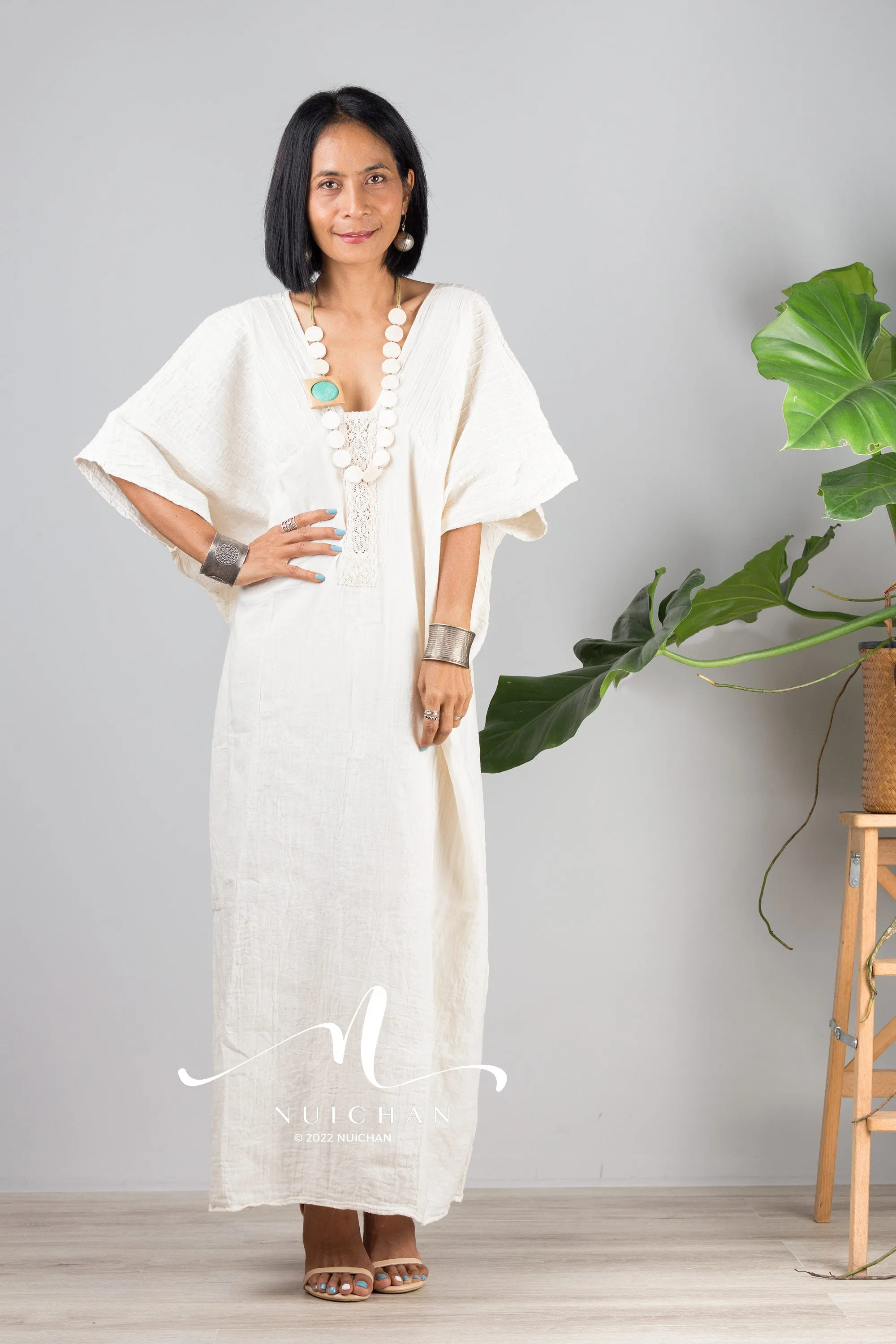 Off white cotton kaftan dress