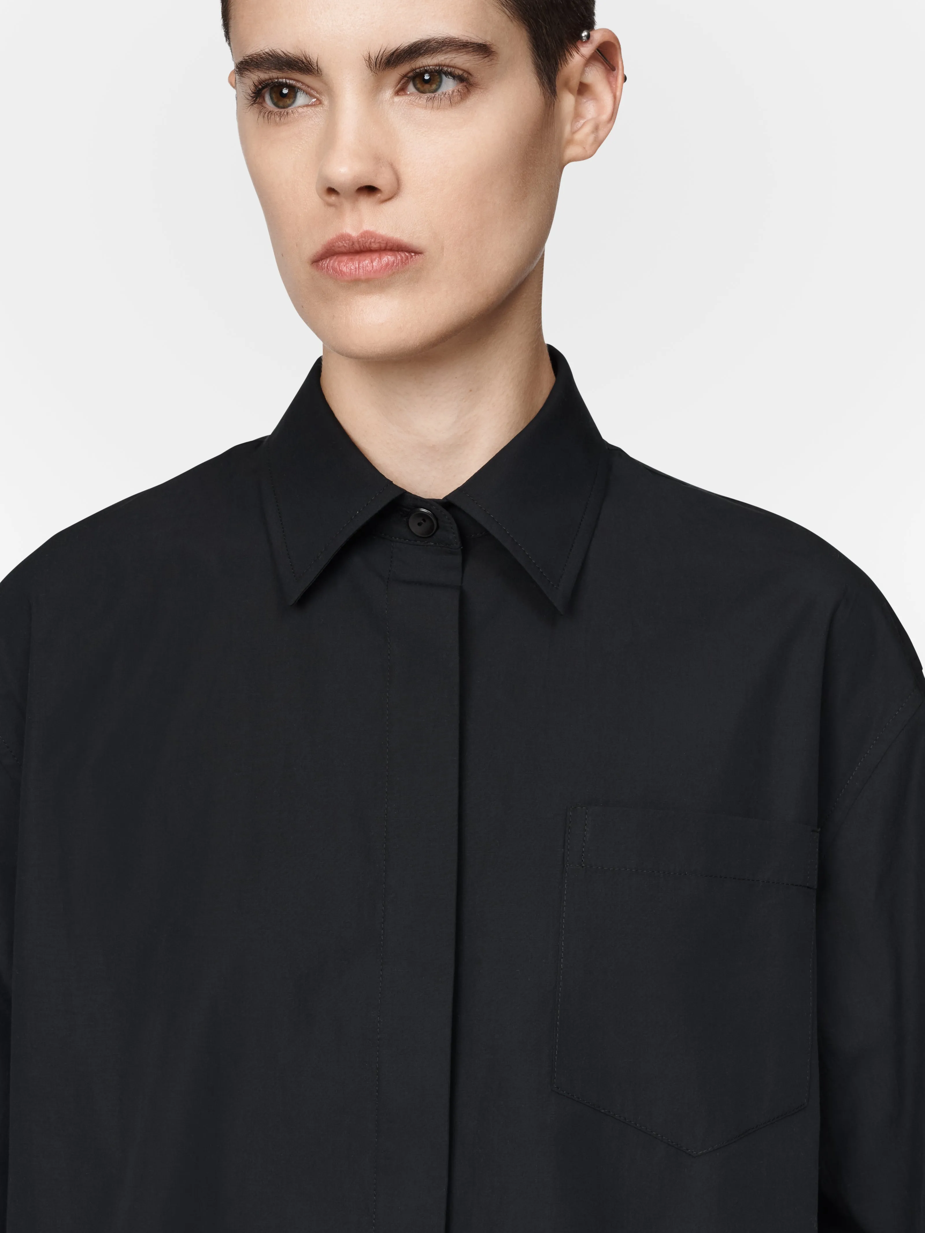 Oversized Covered Placket Shirt in Black Voile