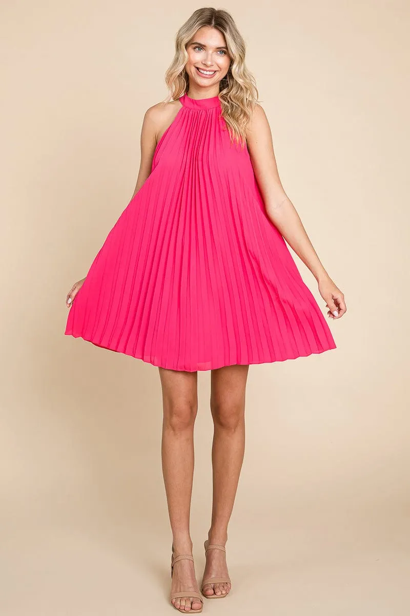 Pleated Halter Neck Mini Swing Dress