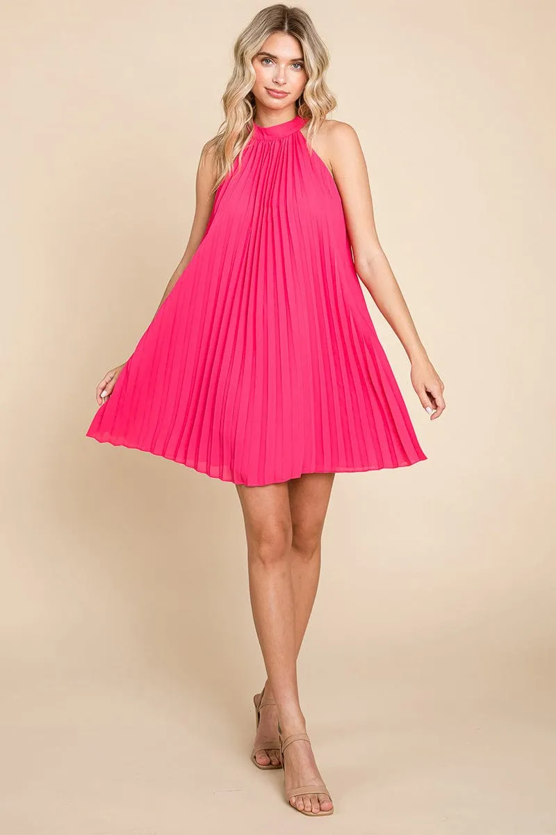 Pleated Halter Neck Mini Swing Dress