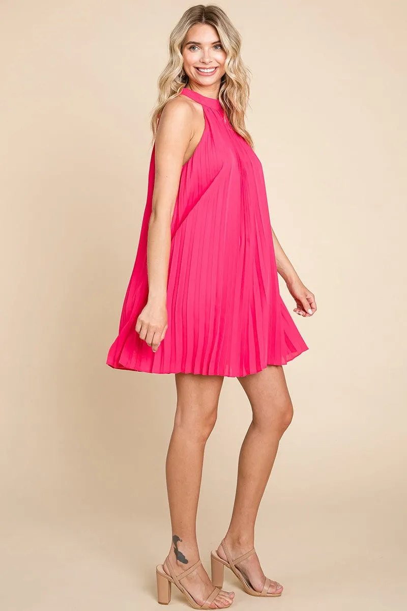 Pleated Halter Neck Mini Swing Dress