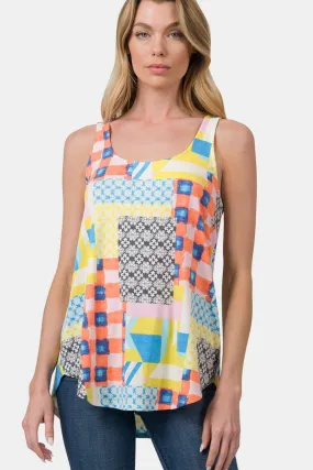 Printed Round Neck Curved Hem Tank