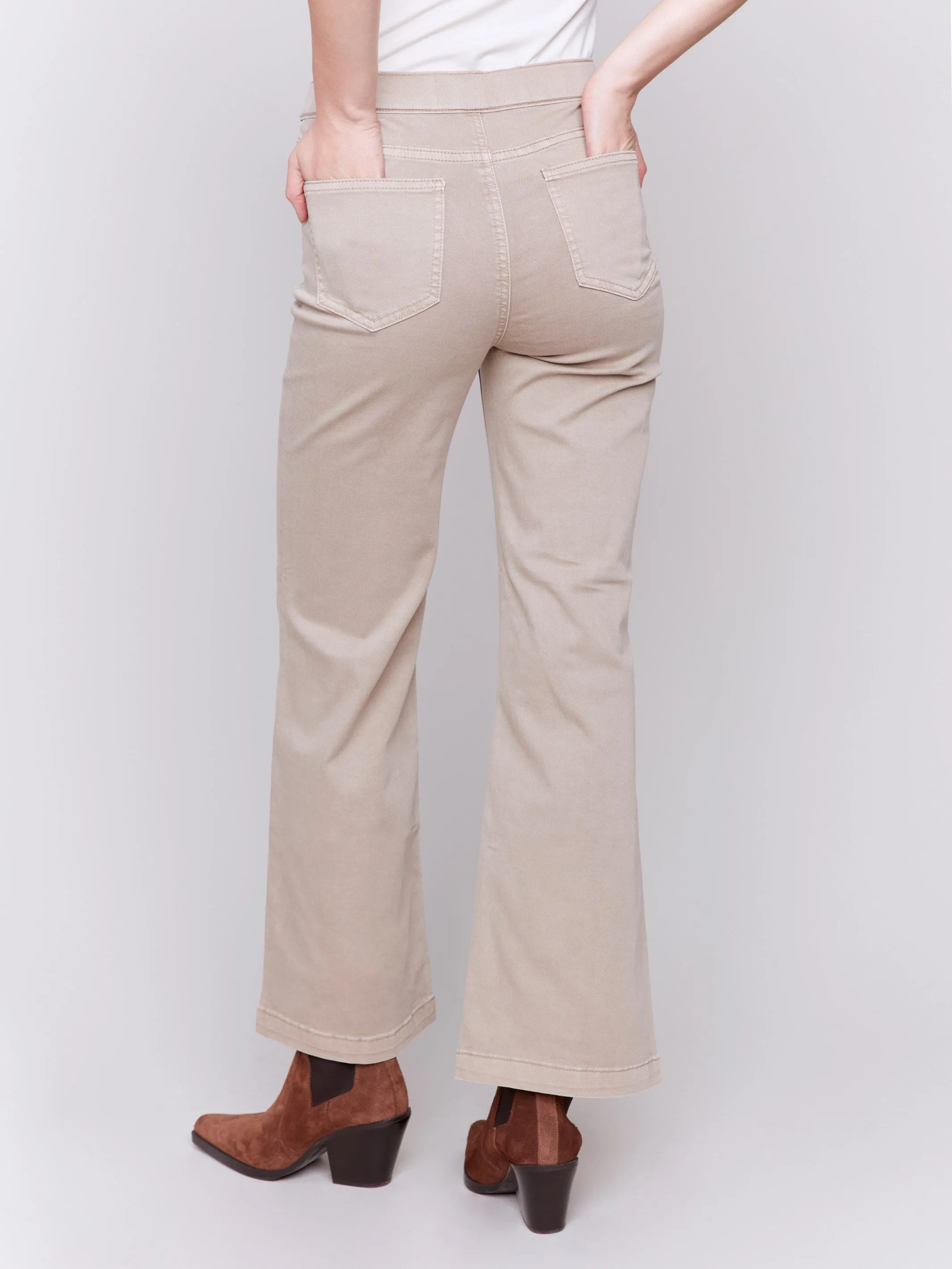 Pull-On Flare Twill Pants with Front Buttons - Almond