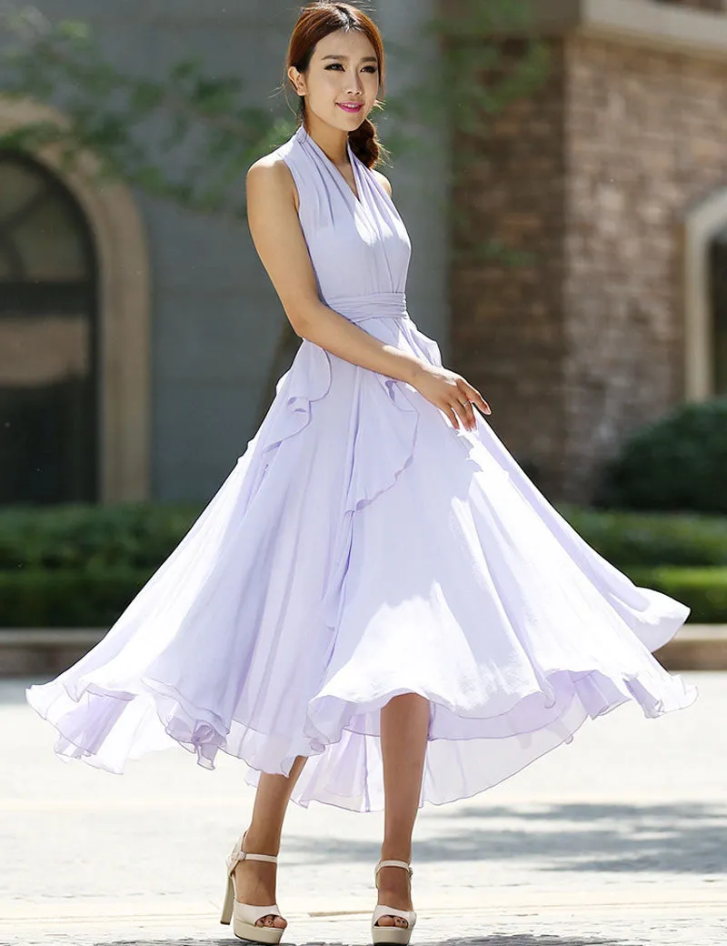 purple chiffon dress - charming halter women dress summer long dress - custom made (993)