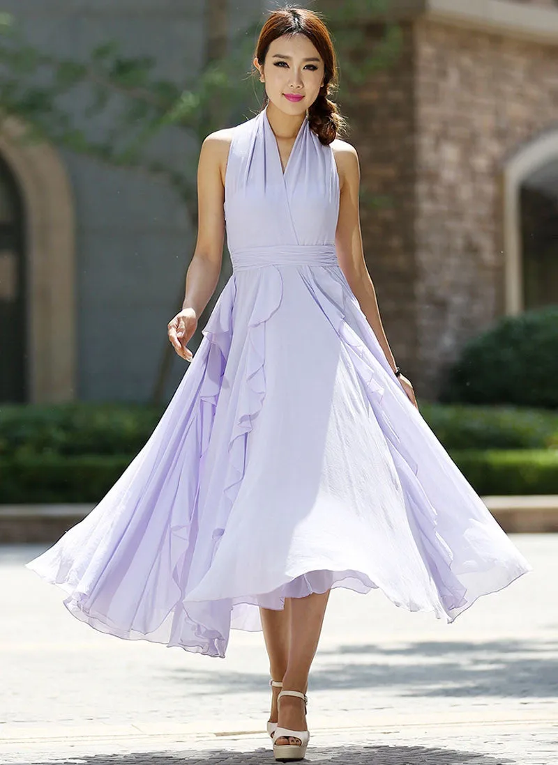 purple chiffon dress - charming halter women dress summer long dress - custom made (993)