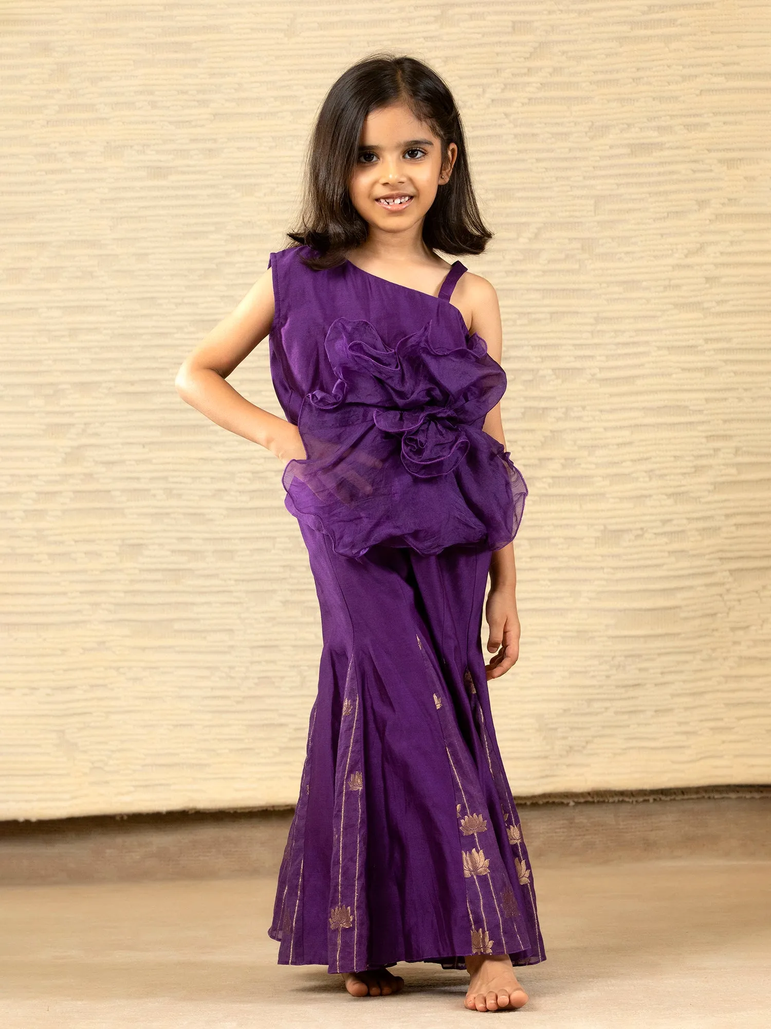 Purple Designer Chanderi Ethnic Top with Flared Pants for - Girls