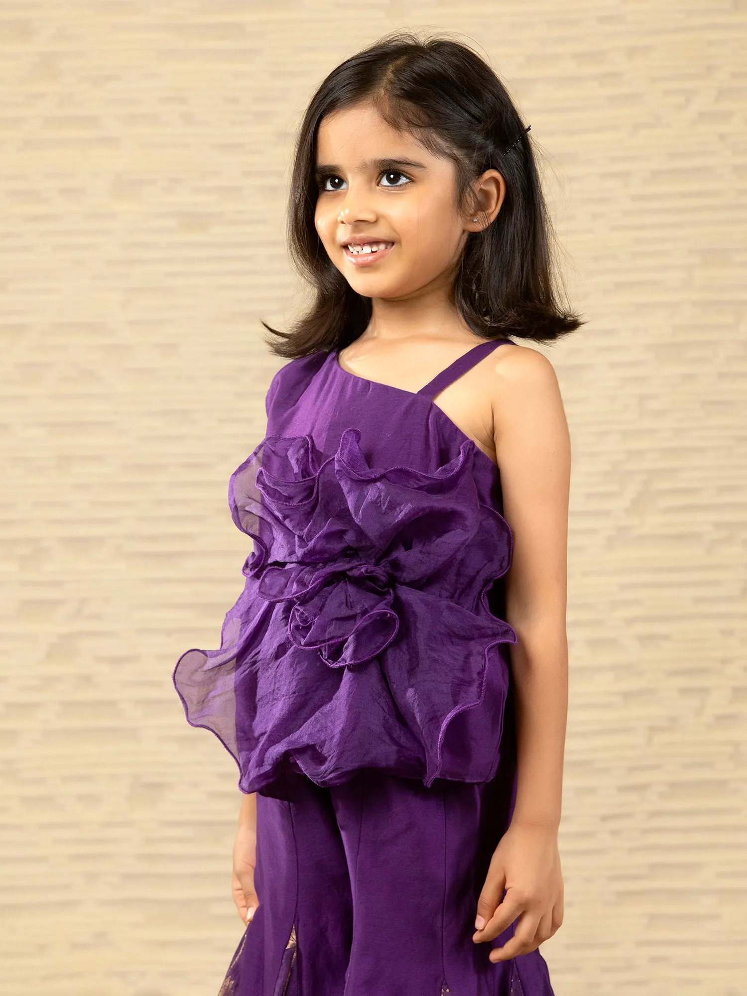 Purple Designer Chanderi Ethnic Top with Flared Pants for - Girls