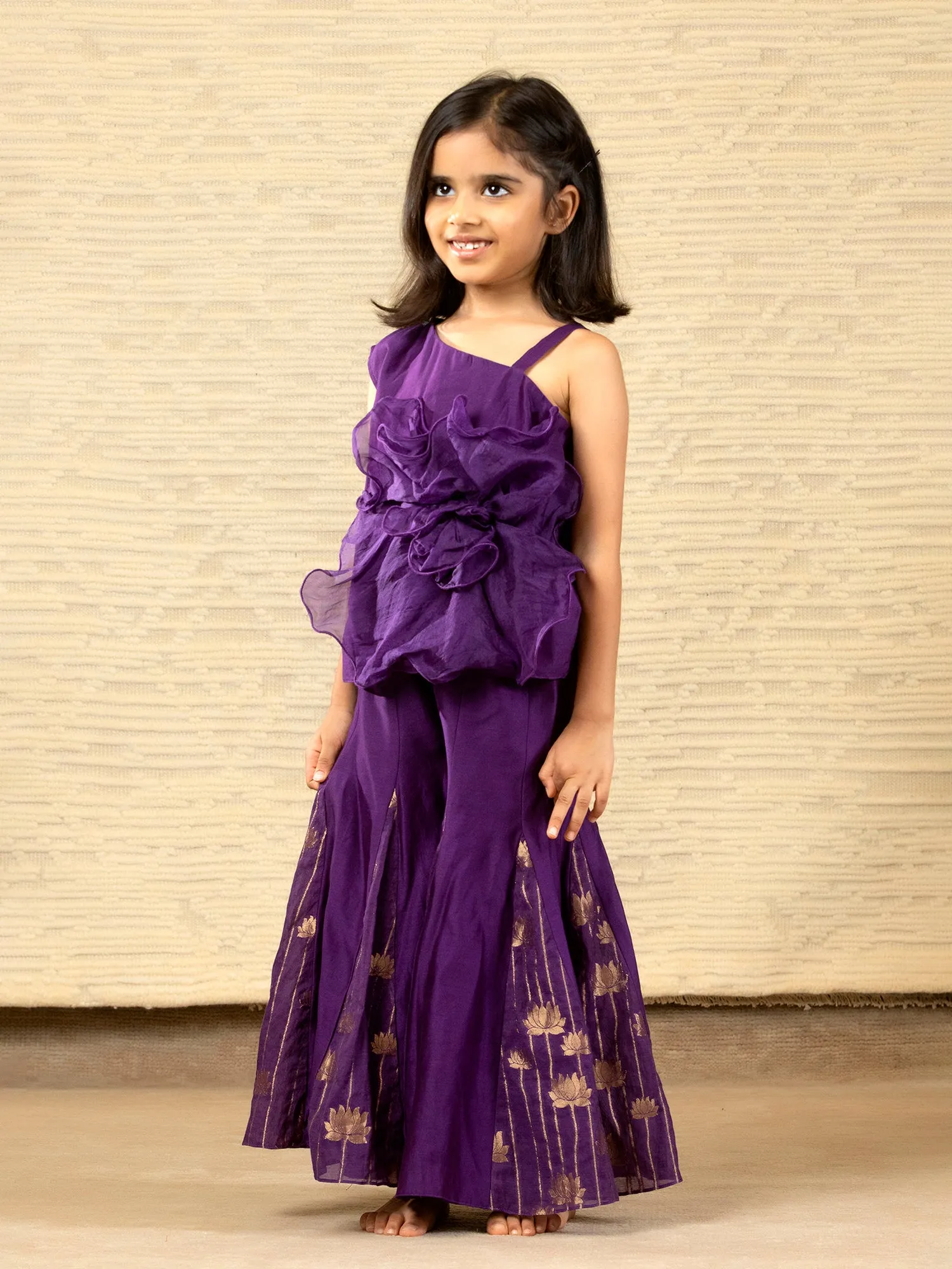 Purple Designer Chanderi Ethnic Top with Flared Pants for - Girls