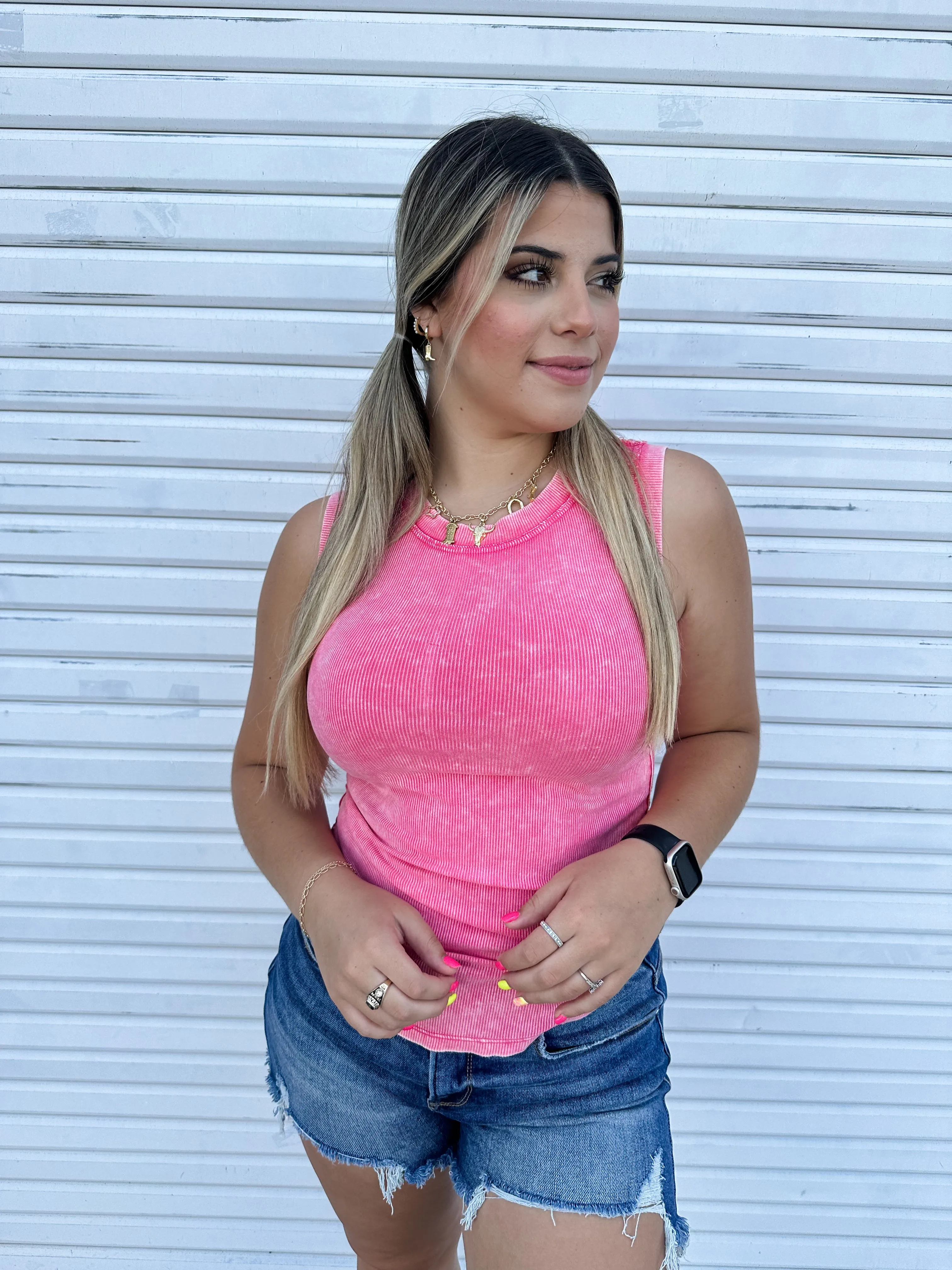 Reese Ribbed Tank - Fuchsia