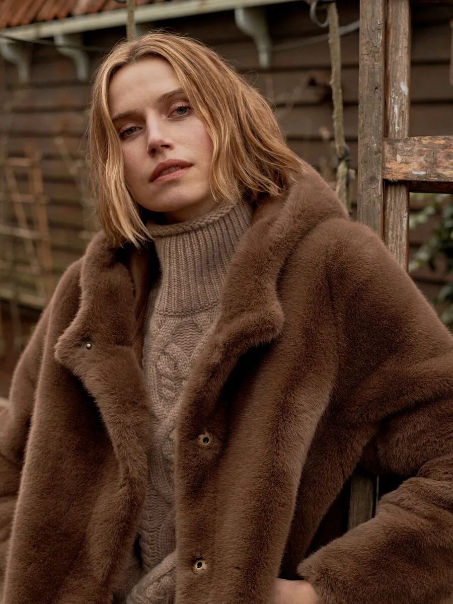 Repeat Cashmere Faux Fur Coat in Coffee