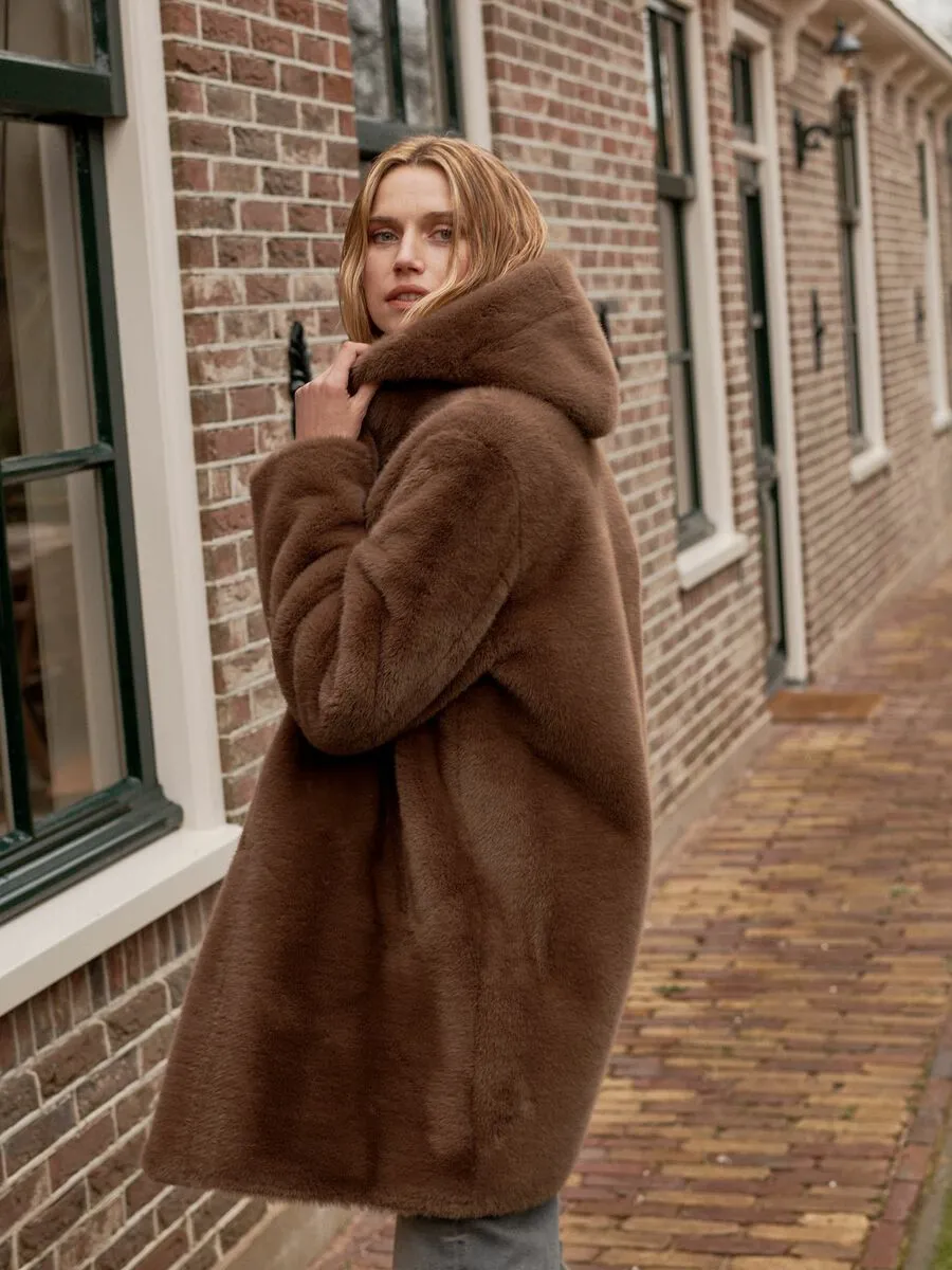 Repeat Cashmere Faux Fur Coat in Coffee