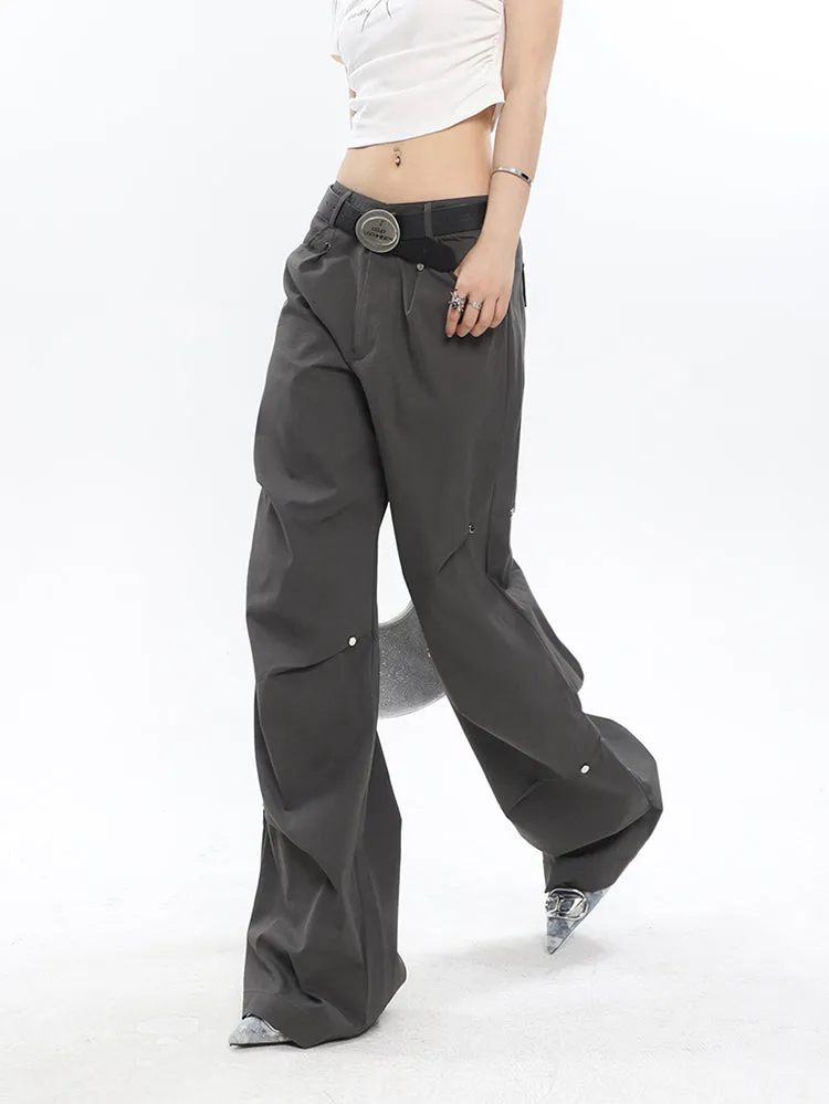 Rider Solid Color Pleated Metal Round Spike Micro Flared Cargo Pants