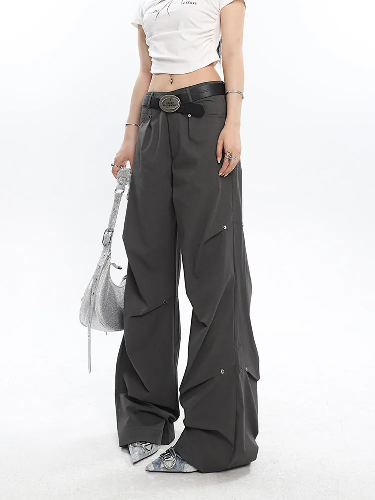 Rider Solid Color Pleated Metal Round Spike Micro Flared Cargo Pants