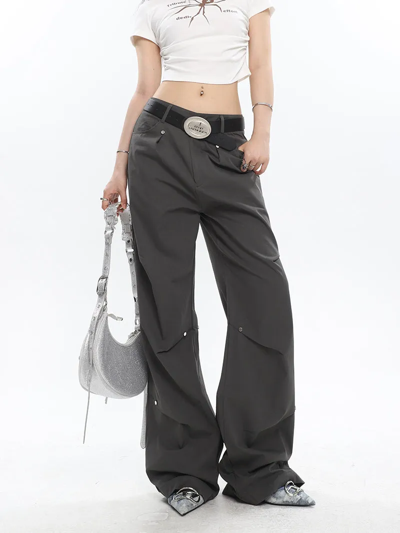 Rider Solid Color Pleated Metal Round Spike Micro Flared Cargo Pants