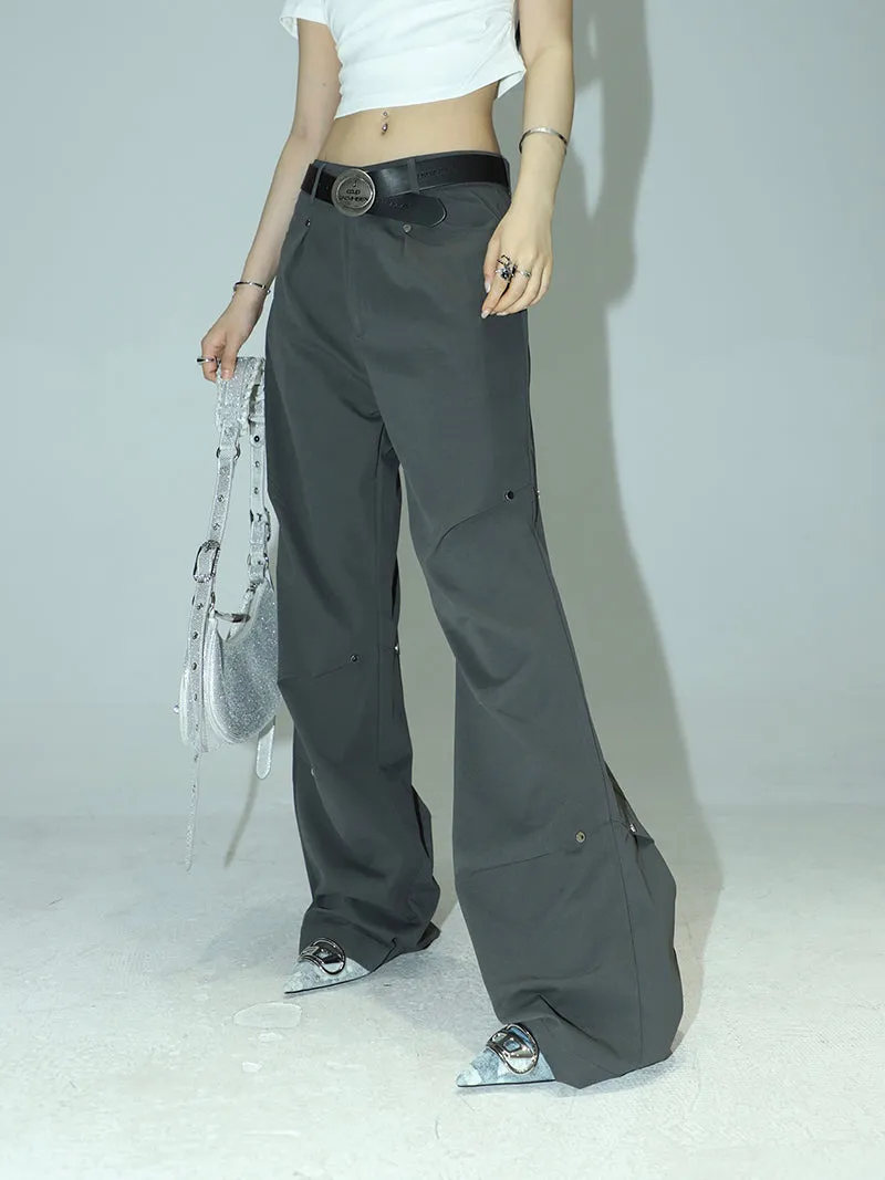 Rider Solid Color Pleated Metal Round Spike Micro Flared Cargo Pants