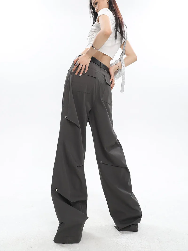 Rider Solid Color Pleated Metal Round Spike Micro Flared Cargo Pants