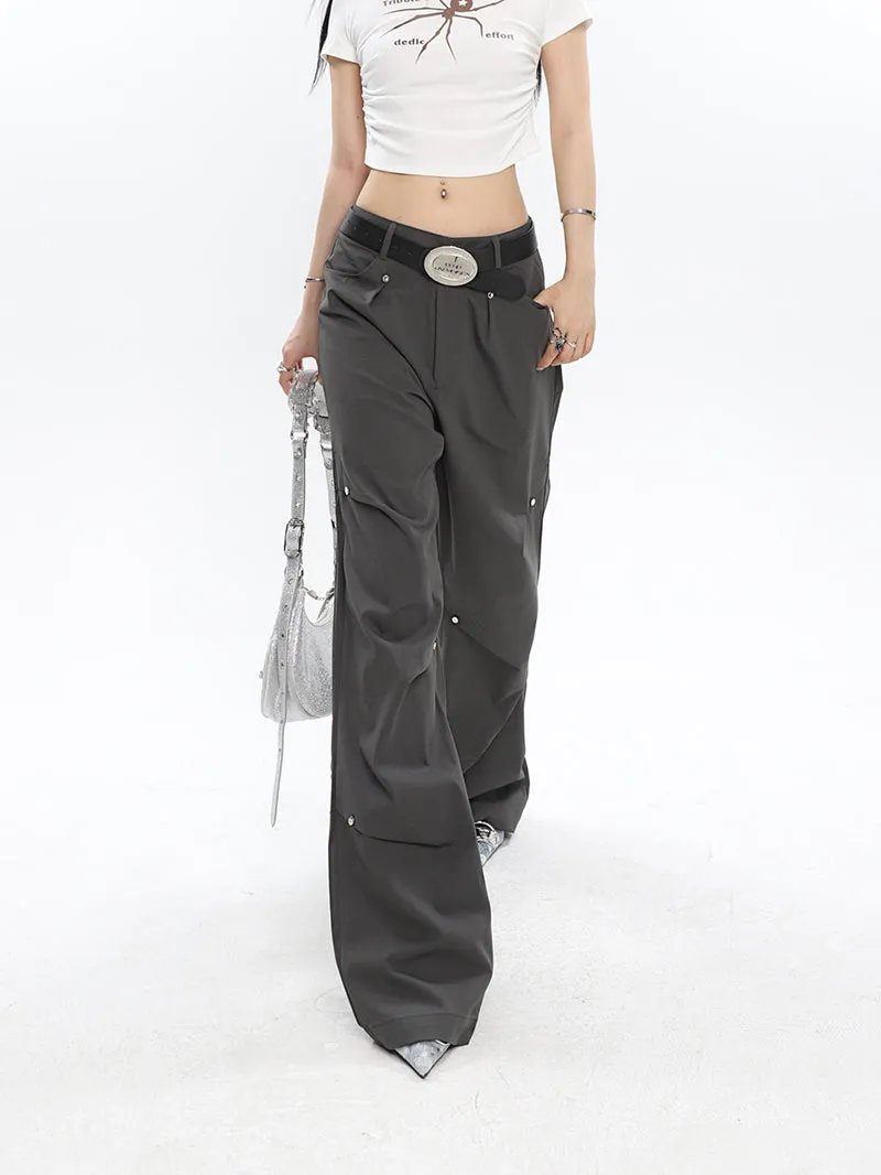 Rider Solid Color Pleated Metal Round Spike Micro Flared Cargo Pants