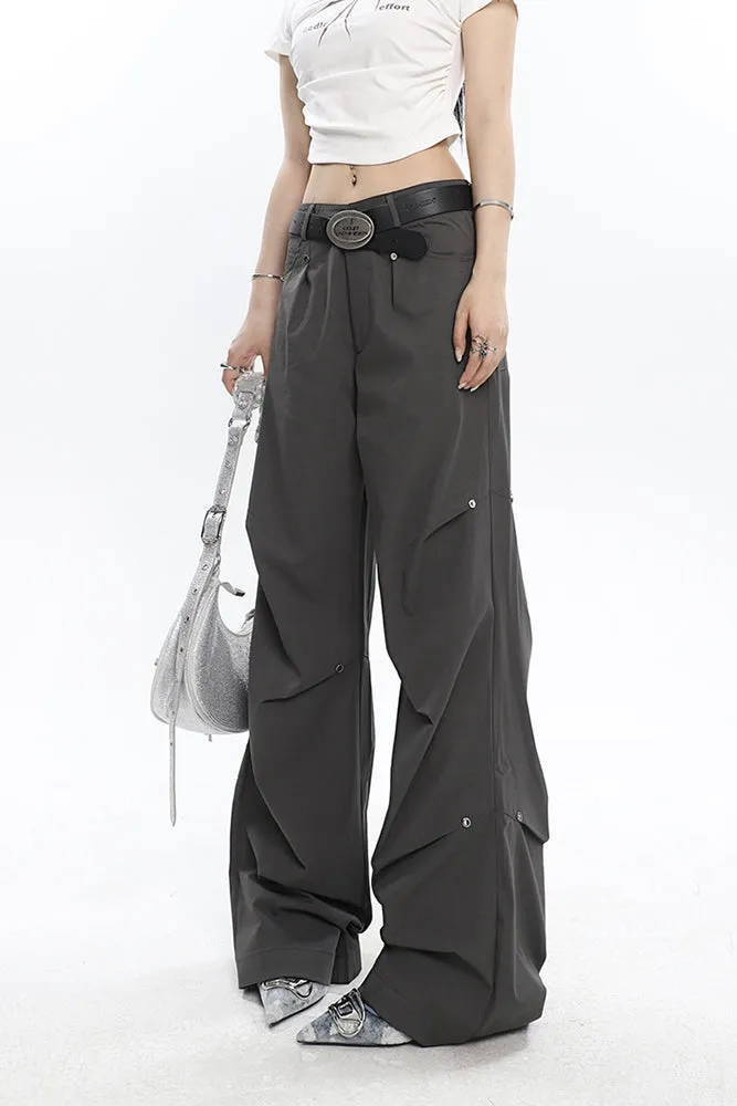 Rider Solid Color Pleated Metal Round Spike Micro Flared Cargo Pants