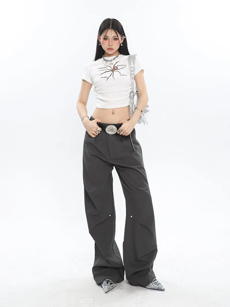 Rider Solid Color Pleated Metal Round Spike Micro Flared Cargo Pants