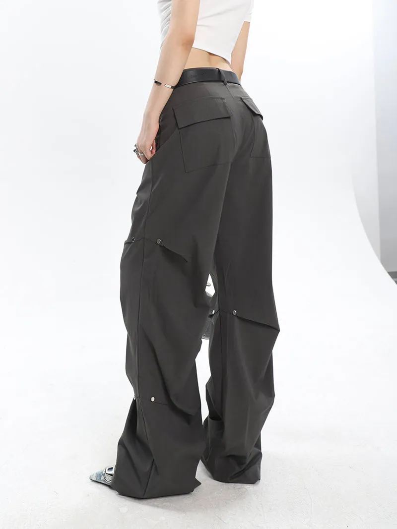 Rider Solid Color Pleated Metal Round Spike Micro Flared Cargo Pants