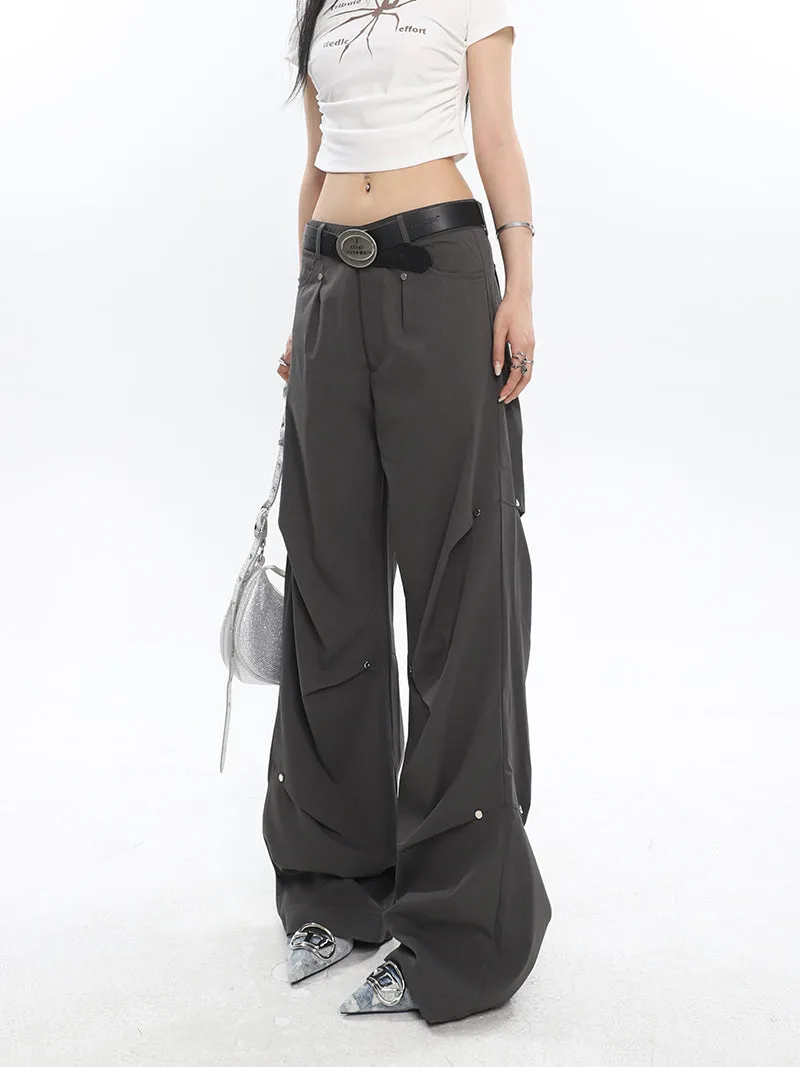 Rider Solid Color Pleated Metal Round Spike Micro Flared Cargo Pants