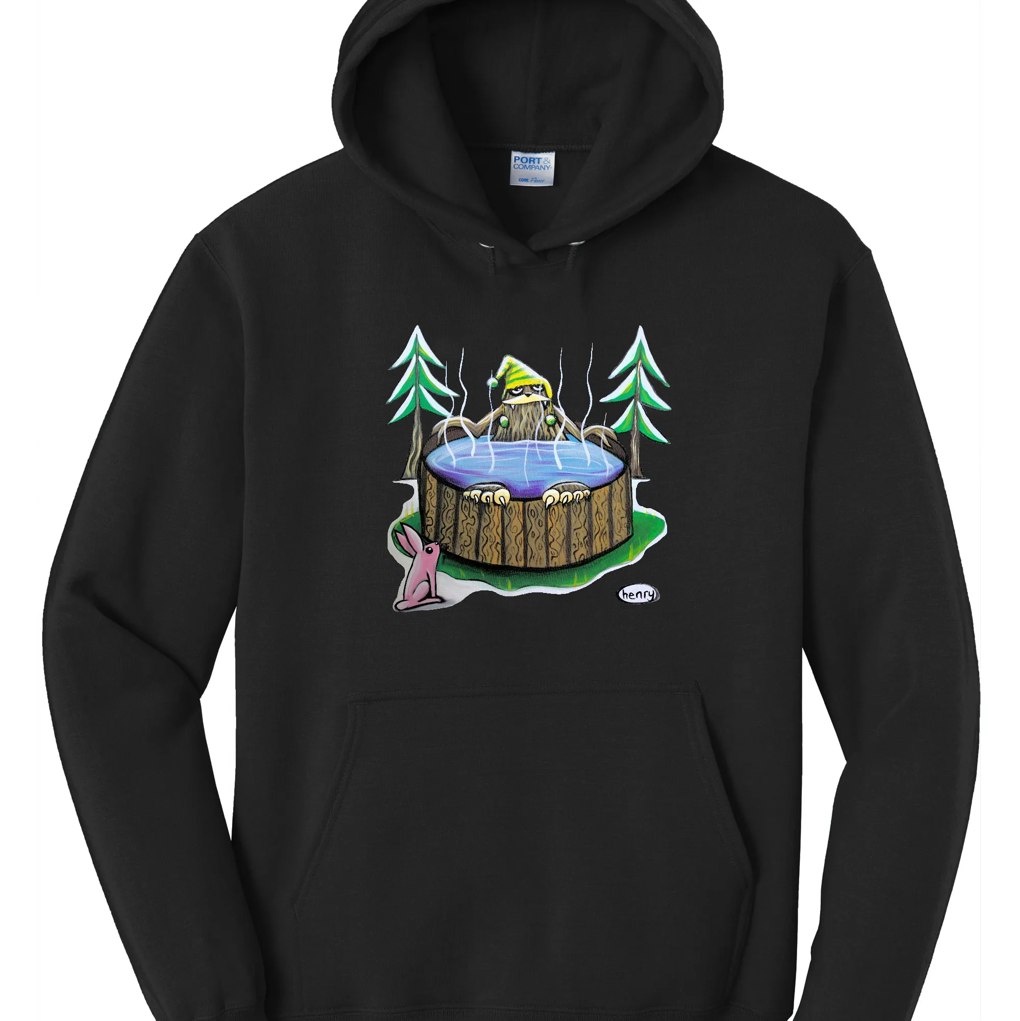 Sasquatch in a Hot Tub Black Unisex Hoodie | Wearable Art by Seattle Mural Artist Ryan "Henry" Ward