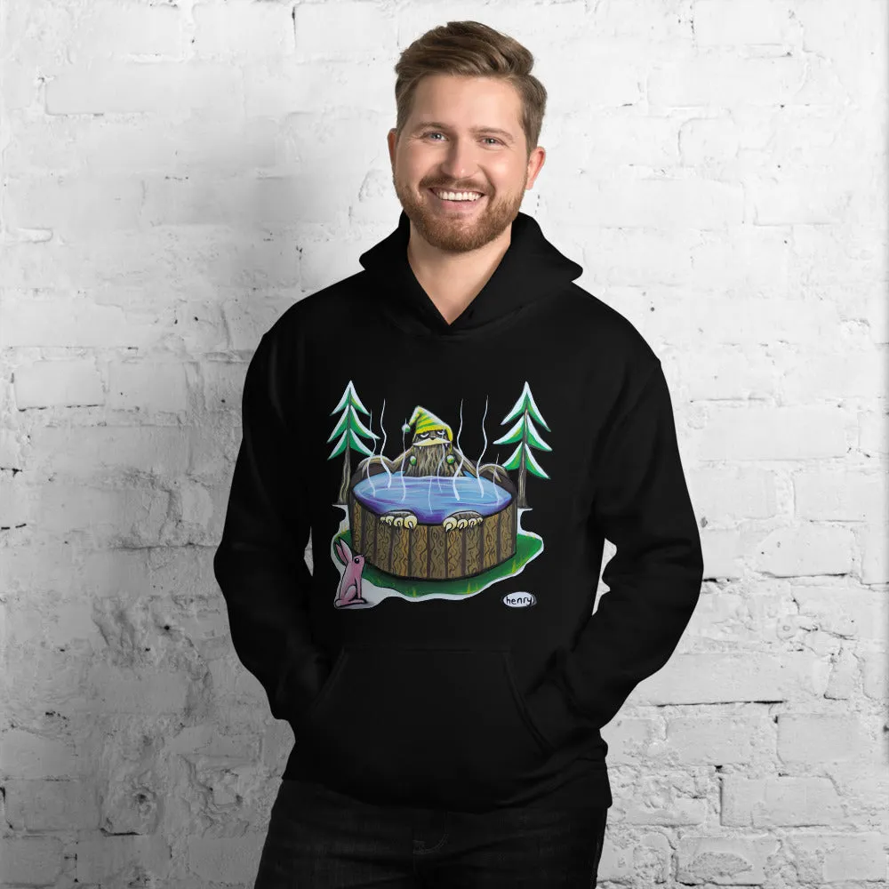 Sasquatch in a Hot Tub Black Unisex Hoodie | Wearable Art by Seattle Mural Artist Ryan "Henry" Ward