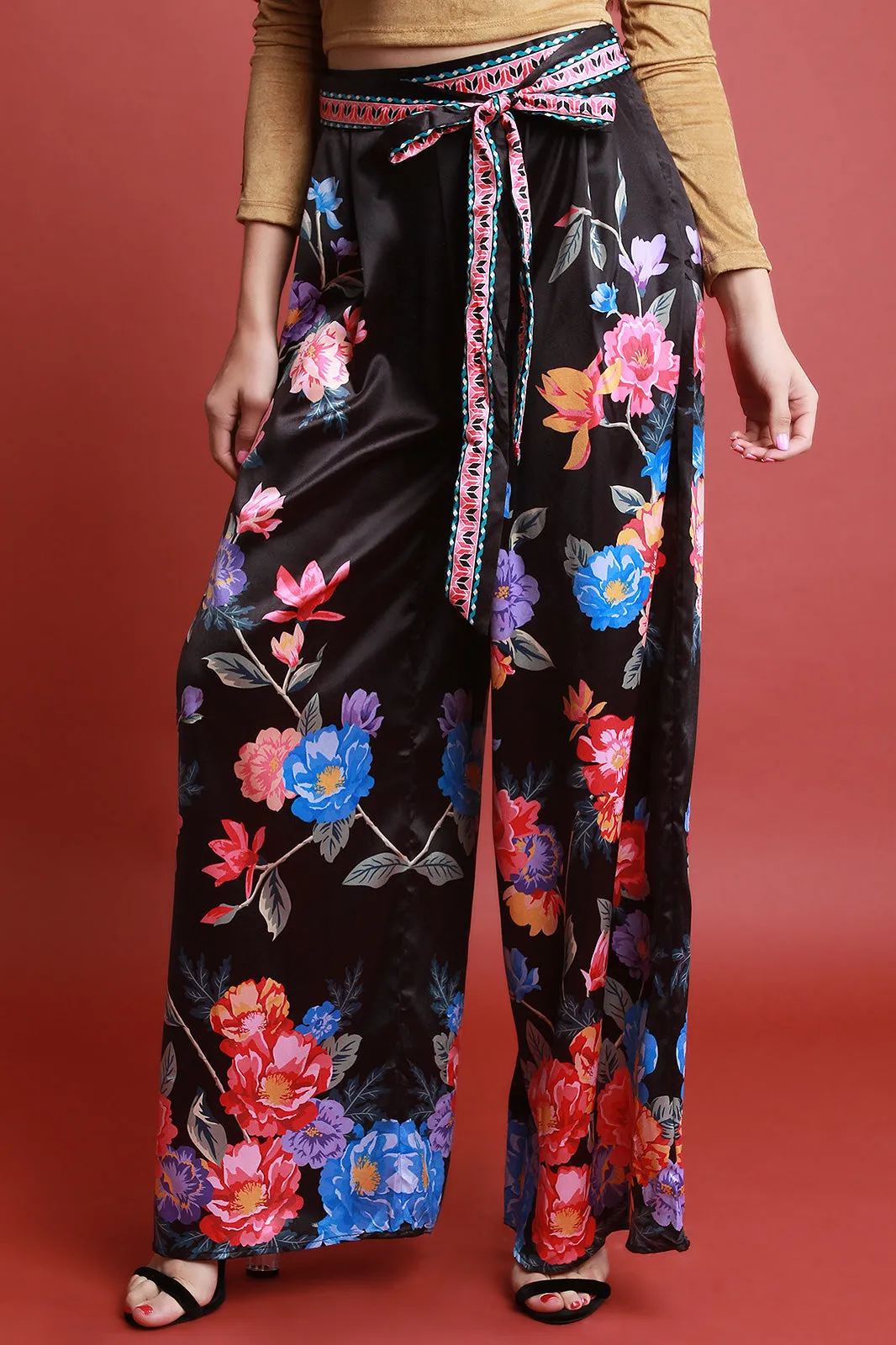 Satin Floral Printed Waist-Tie Wide Leg Pants