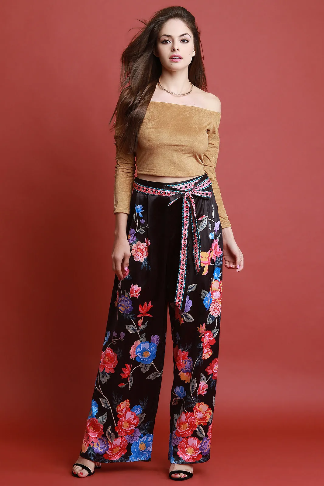 Satin Floral Printed Waist-Tie Wide Leg Pants