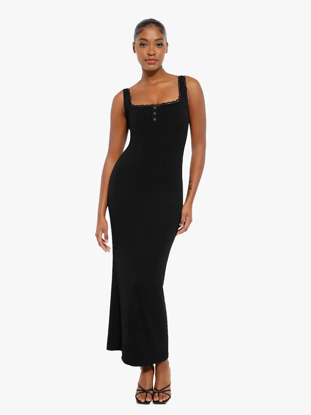 Shapewear Modal Slimming Lace Trim Henley Tank Maxi Dress