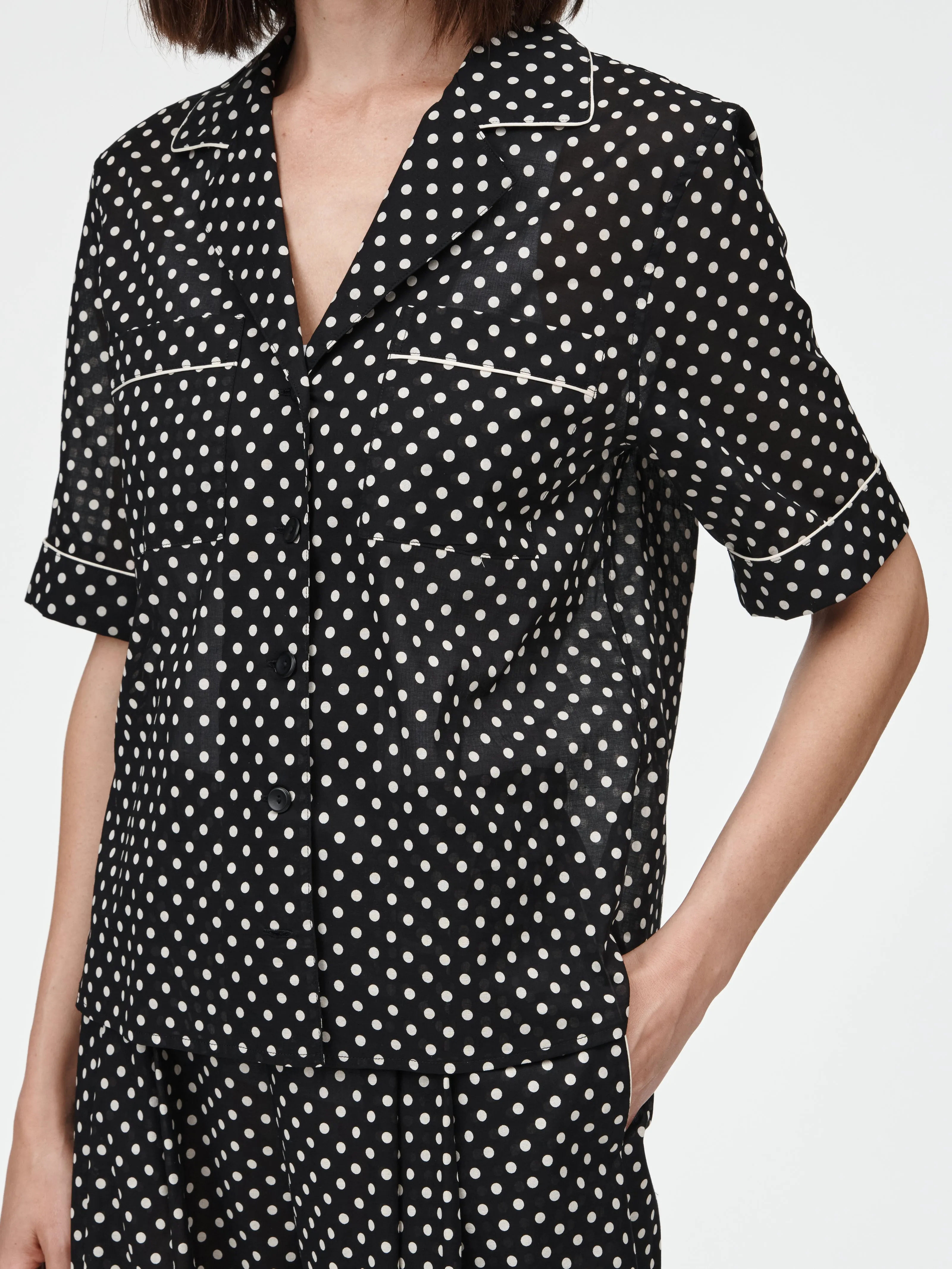 Short Sleeve Camp Shirt in Black & Ivory Polkadot