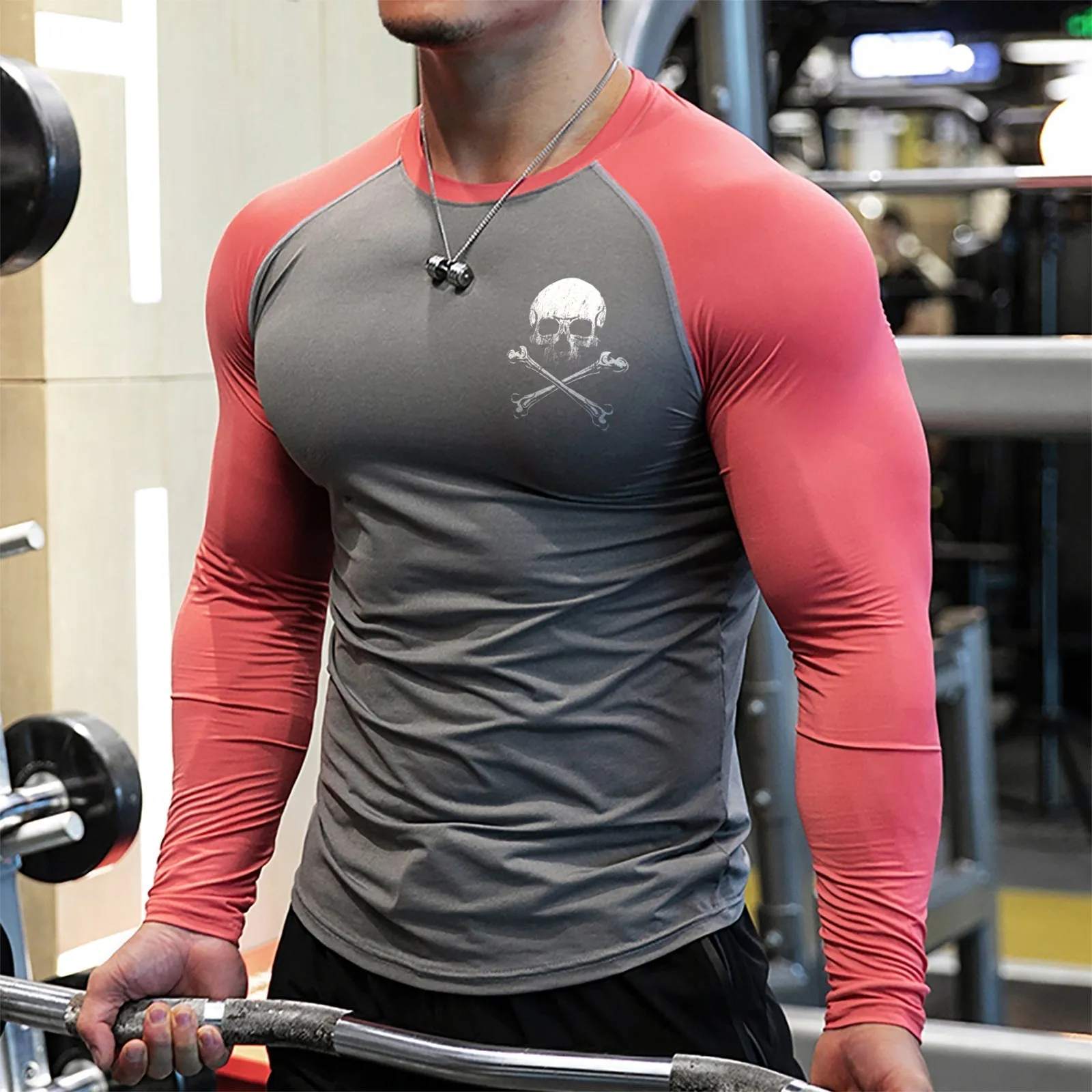 SKULL QUICK DRY MOISTURE WICKING RAGLAN GRAPHIC LONG SLEEVE T-SHIRT