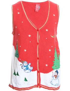 Snowman Design Red Embroidered Christmas Vest - L