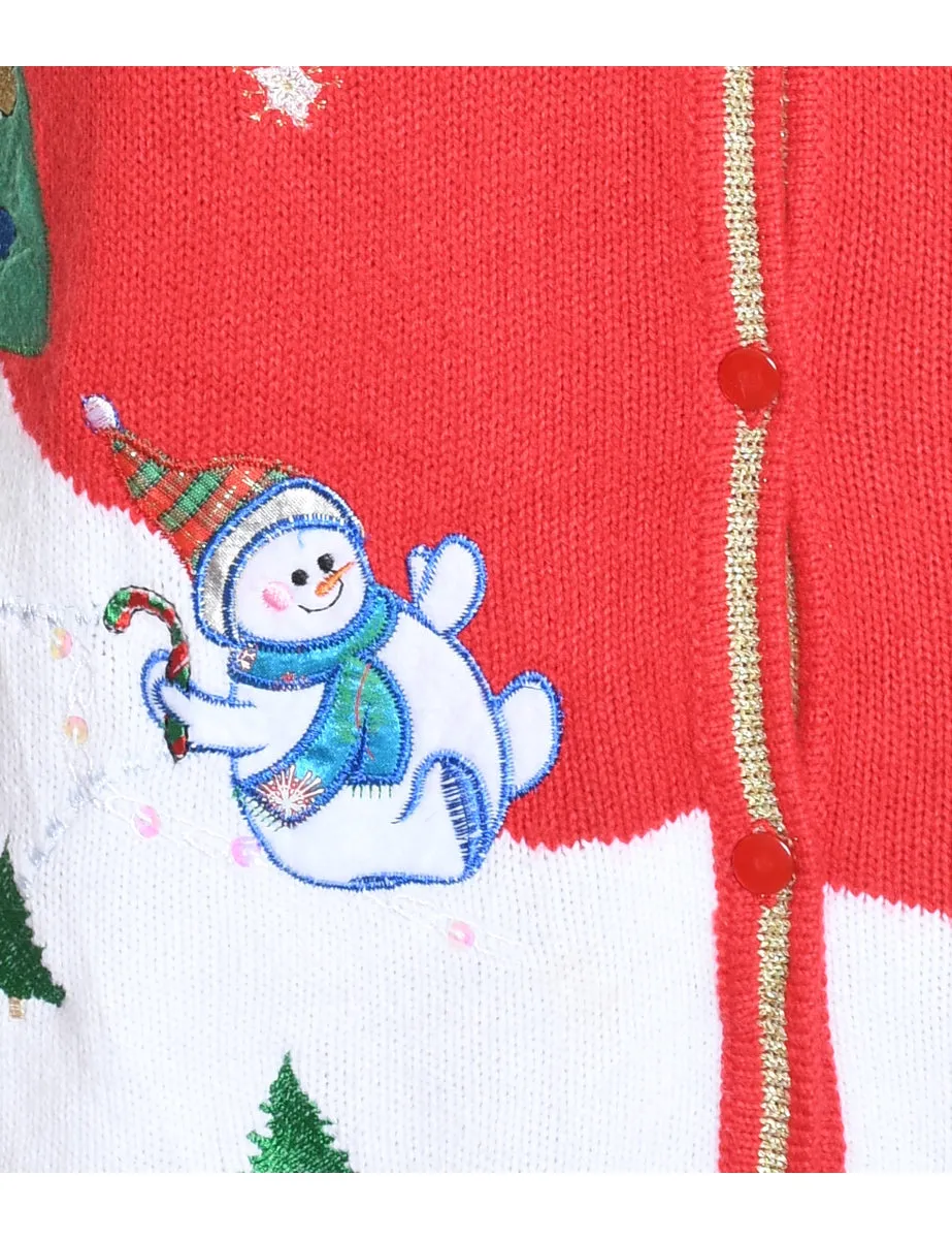 Snowman Design Red Embroidered Christmas Vest - L