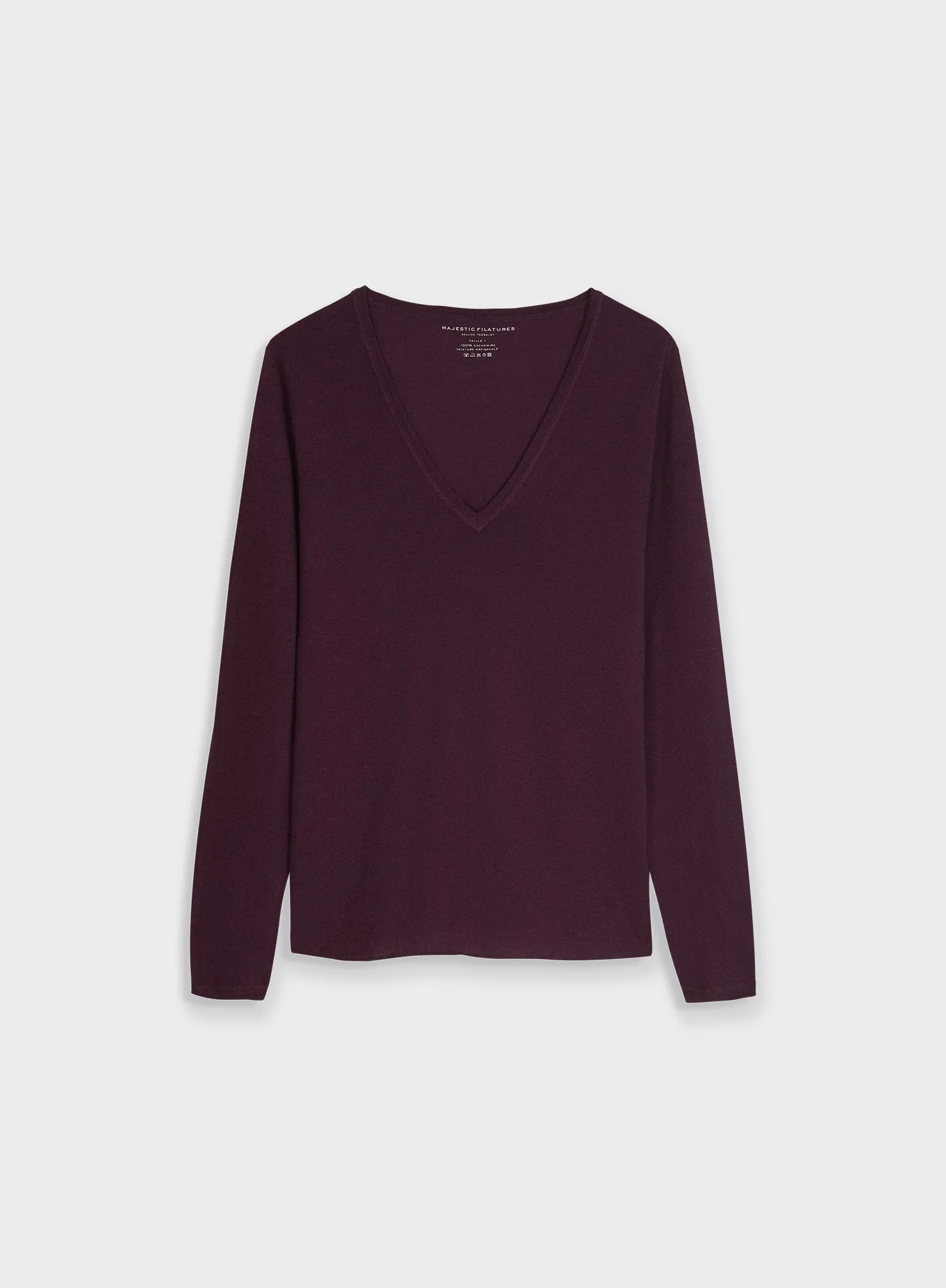 T-shirt Aubergine Col V Manches Longues en Cachemire