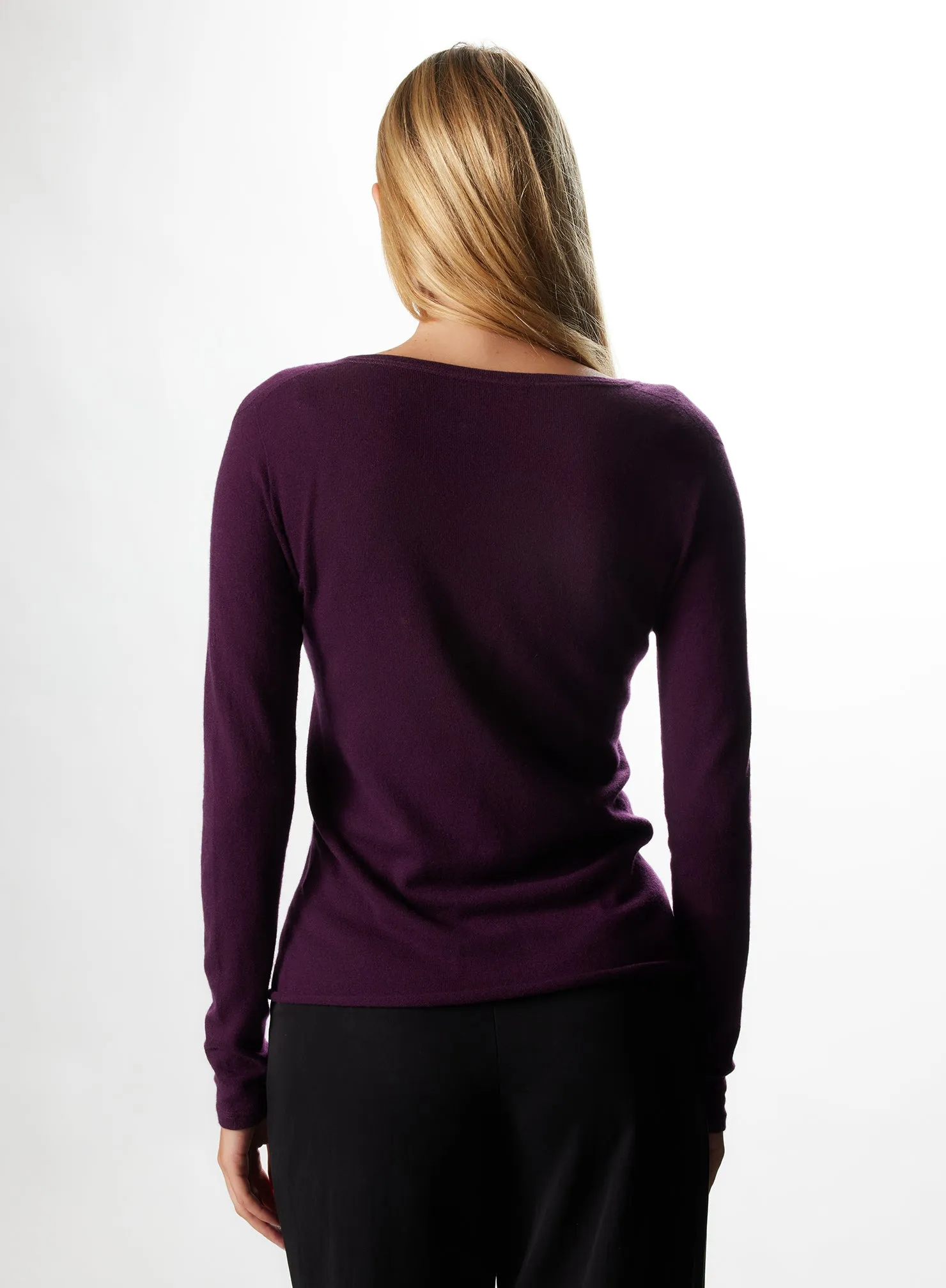 T-shirt Aubergine Col V Manches Longues en Cachemire