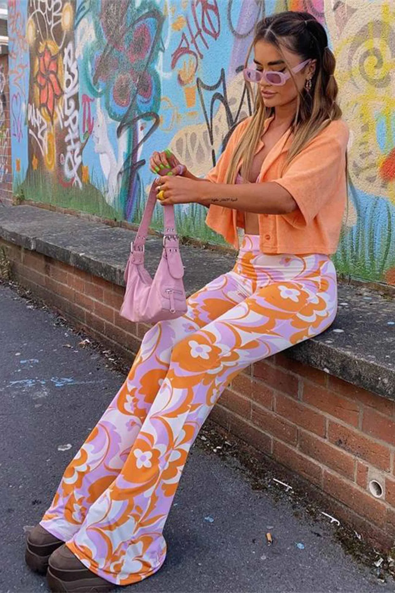 TastyHottie - Printed Contrast Color Flared Pants