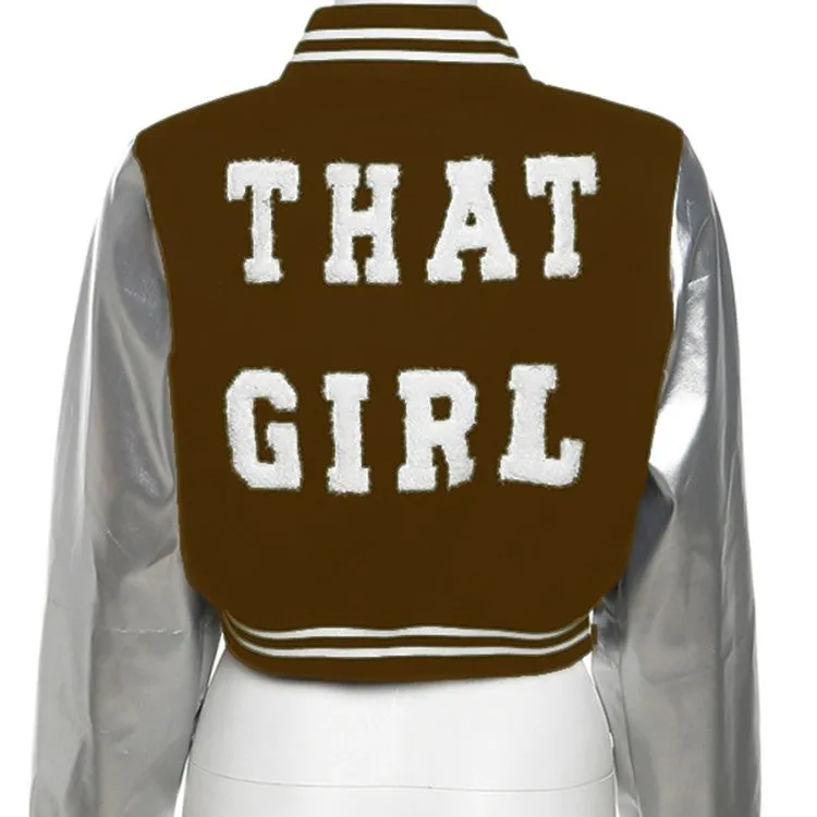 That Girl varsity Leather Sleeve jacket