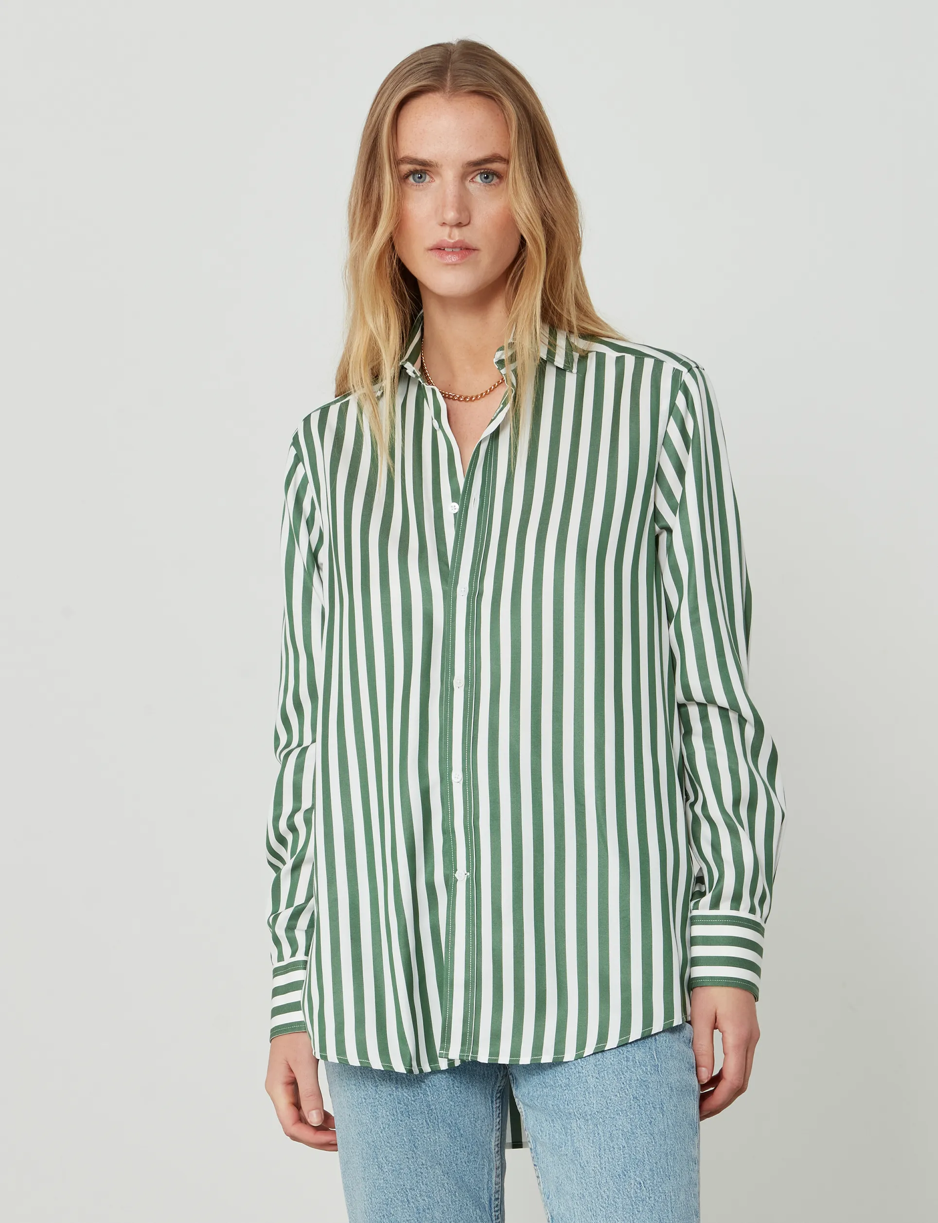 The Boyfriend: Tencel, Forest Green Stripe