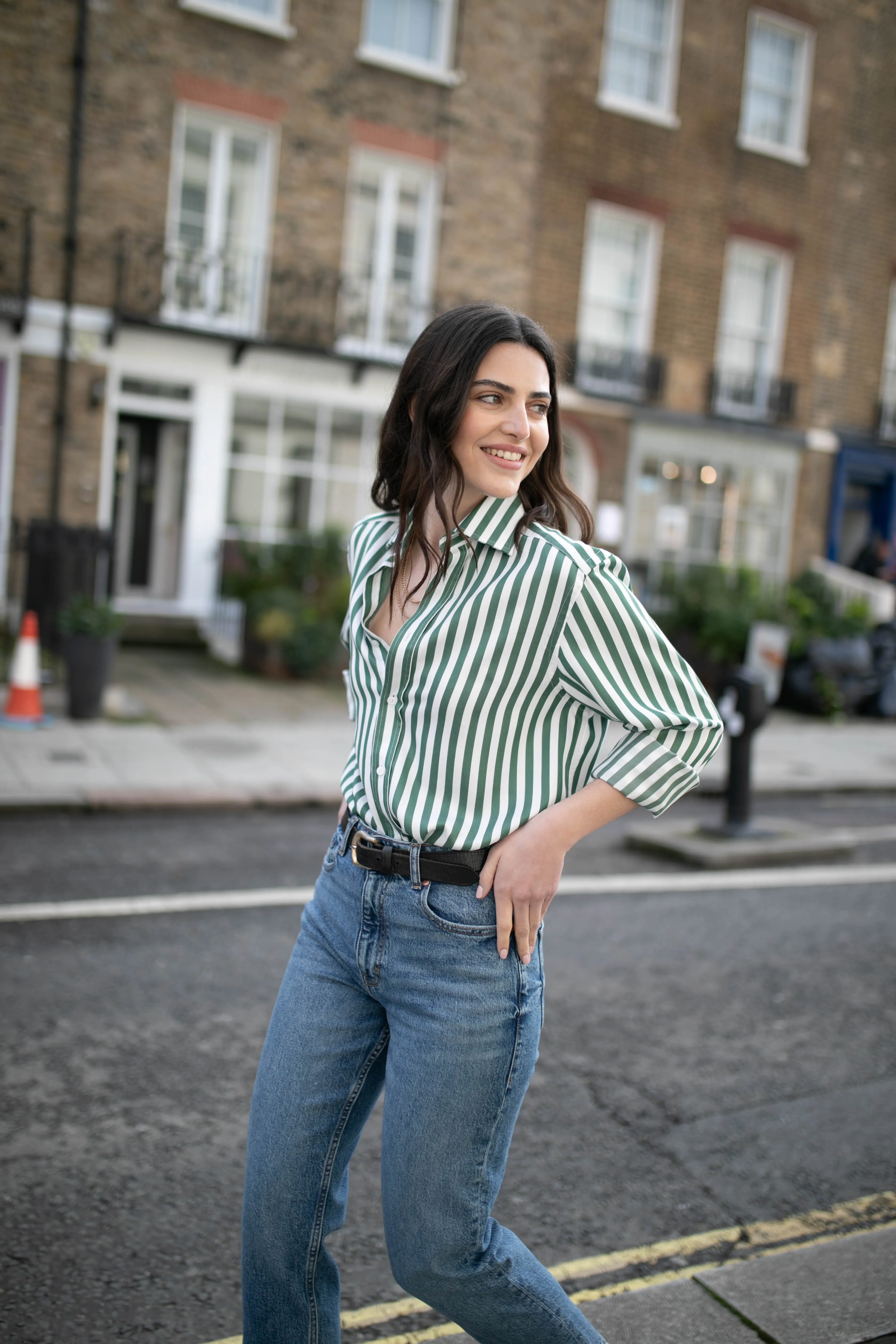 The Boyfriend: Tencel, Forest Green Stripe